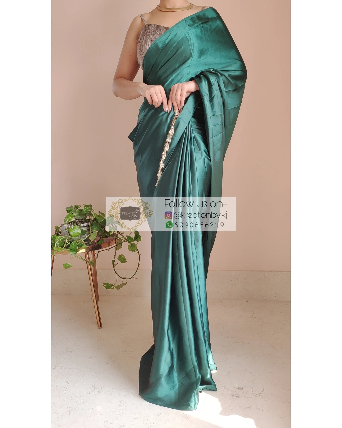 Emerald Green Satin Silk Saree With Handmade Tassels On Pallu - kreationbykj