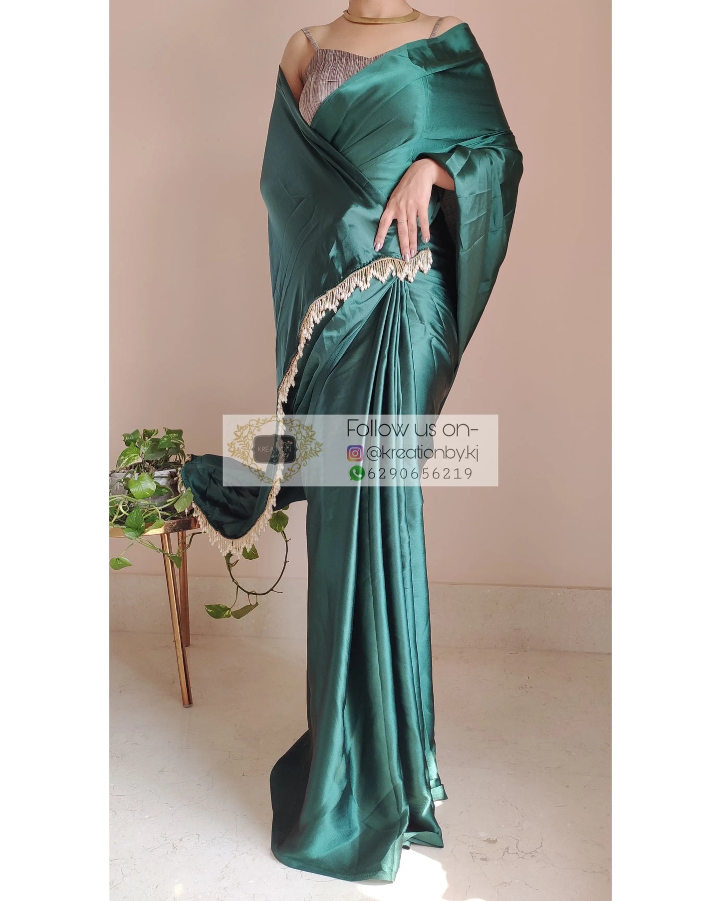 Emerald Green Satin Silk Saree With Handmade Tassels On Pallu - kreationbykj