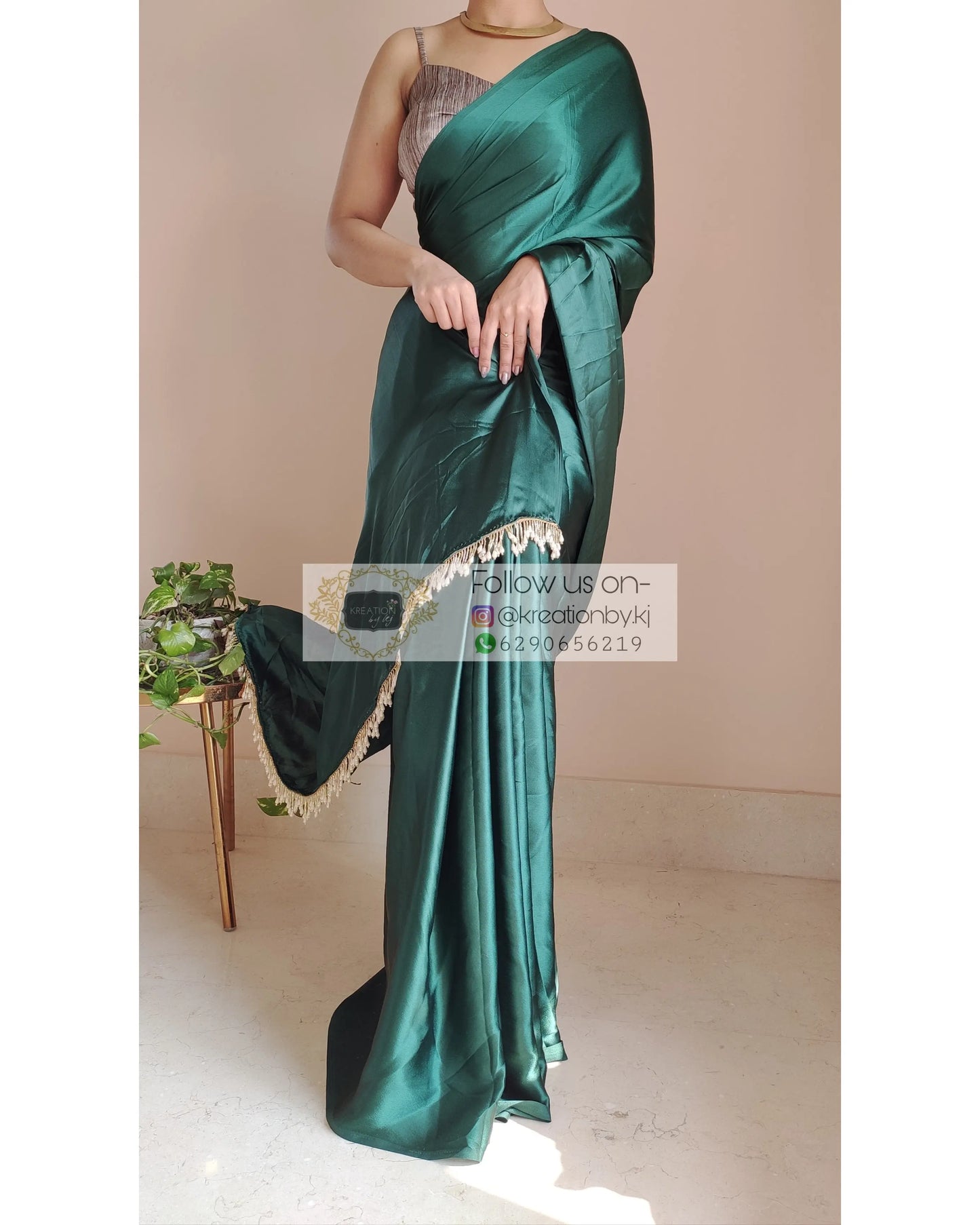 Emerald Green Satin Silk Saree With Handmade Tassels On Pallu - kreationbykj