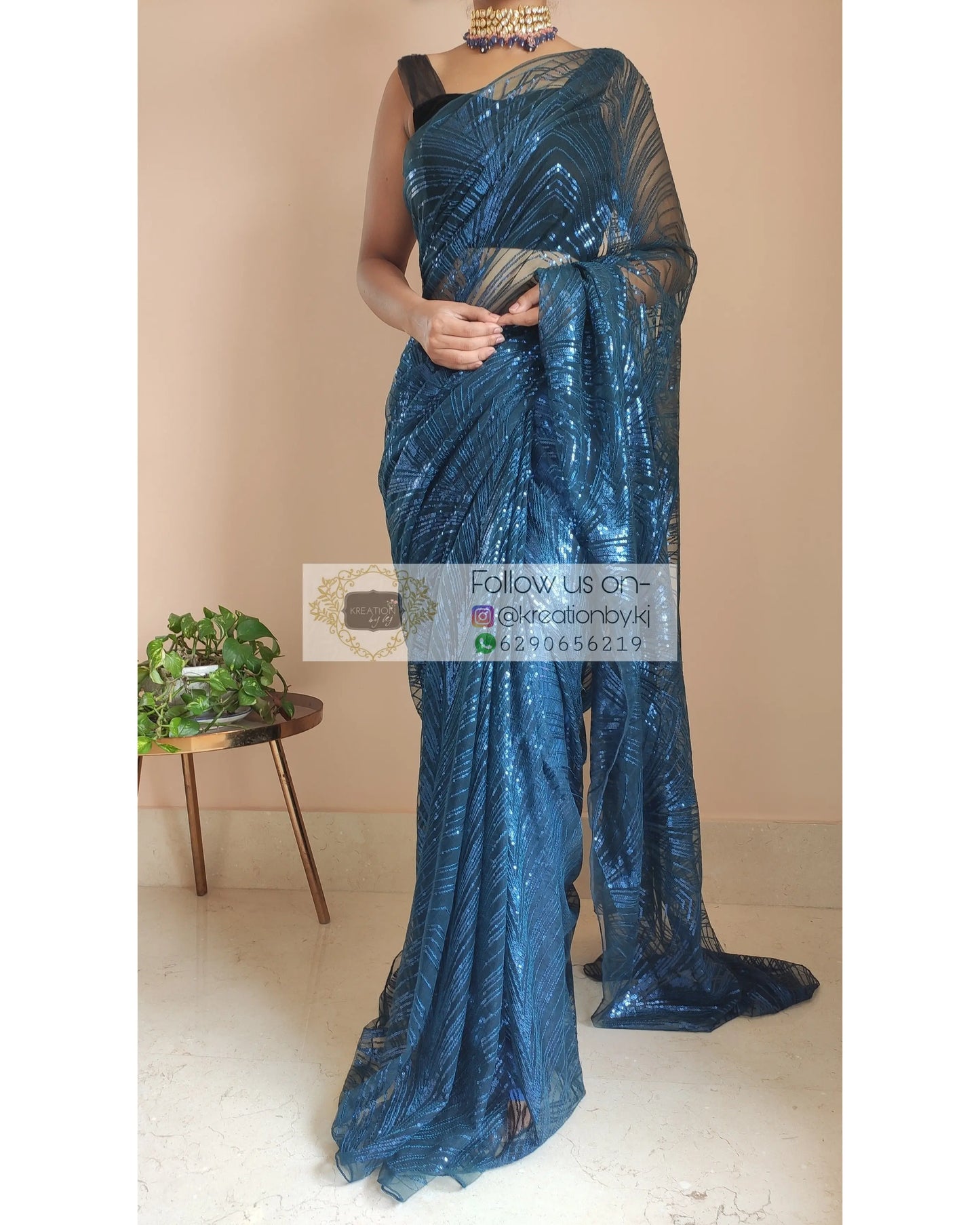 Navy Blue Sequins Embroidered Net Saree - kreationbykj