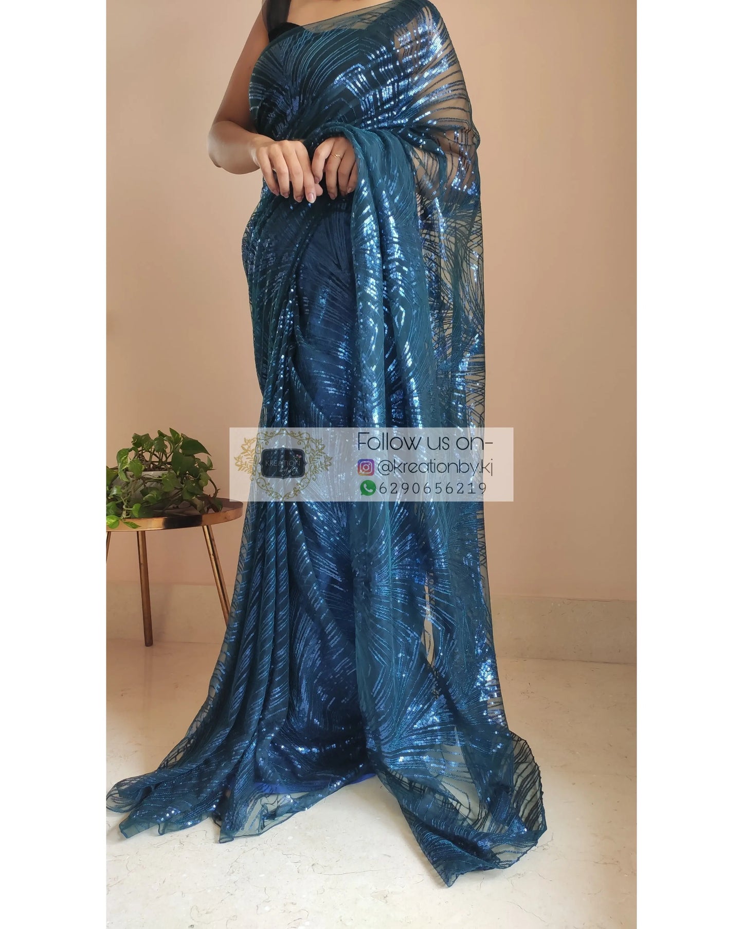 Navy Blue Sequins Embroidered Net Saree - kreationbykj