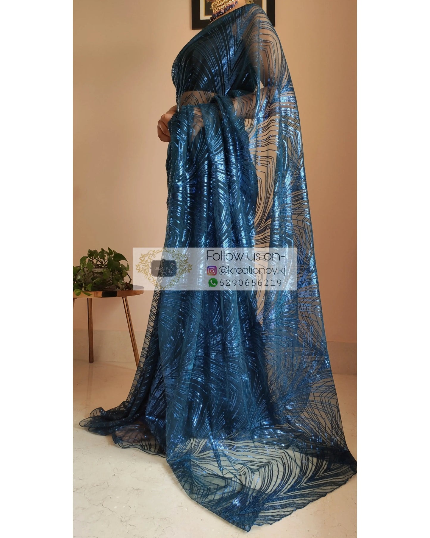 Navy Blue Sequins Embroidered Net Saree - kreationbykj