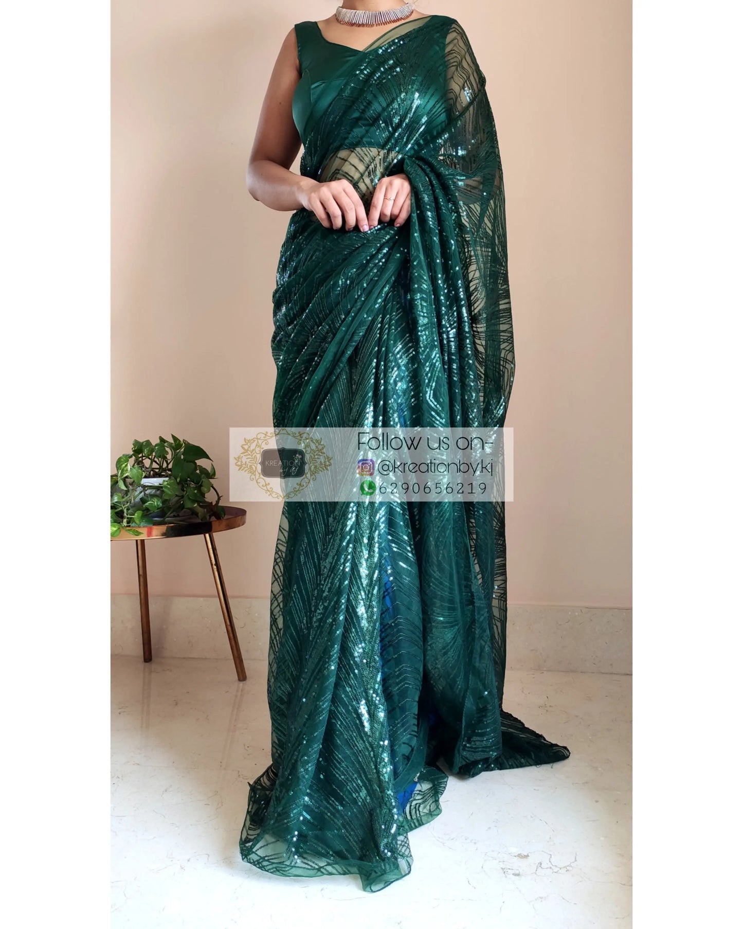 Dark Green Sequins Embroidered Net Saree - kreationbykj