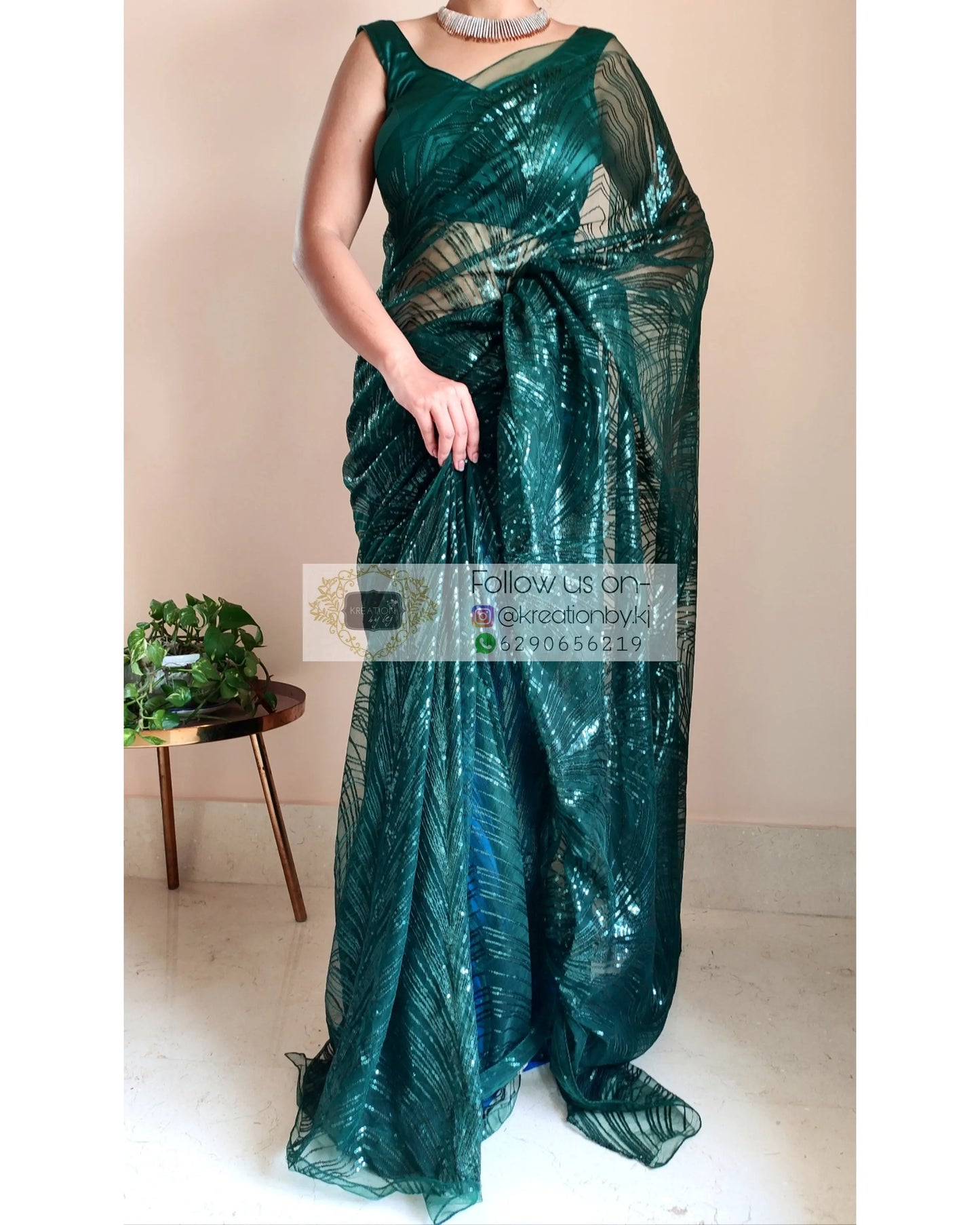 Dark Green Sequins Embroidered Net Saree - kreationbykj