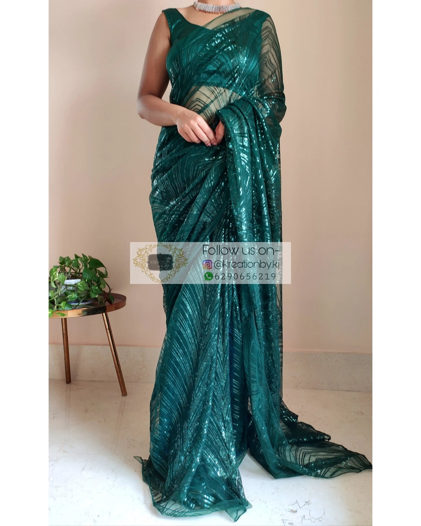Dark Green Sequins Embroidered Net Saree - kreationbykj