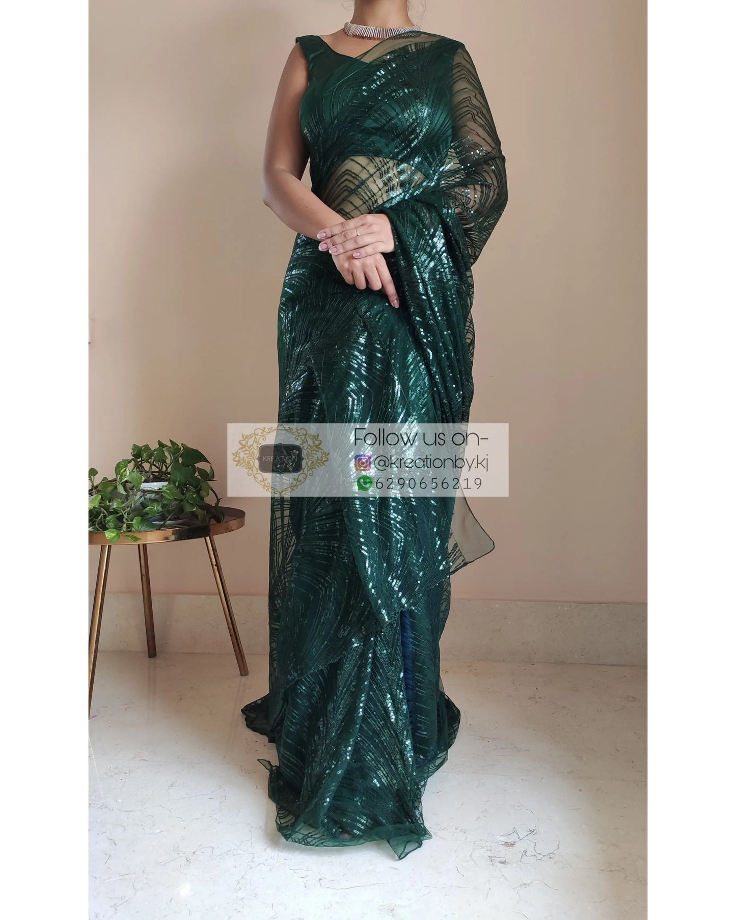 Dark Green Sequins Embroidered Net Saree - kreationbykj