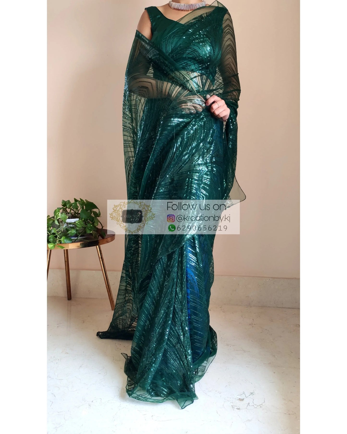 Dark Green Sequins Embroidered Net Saree - kreationbykj