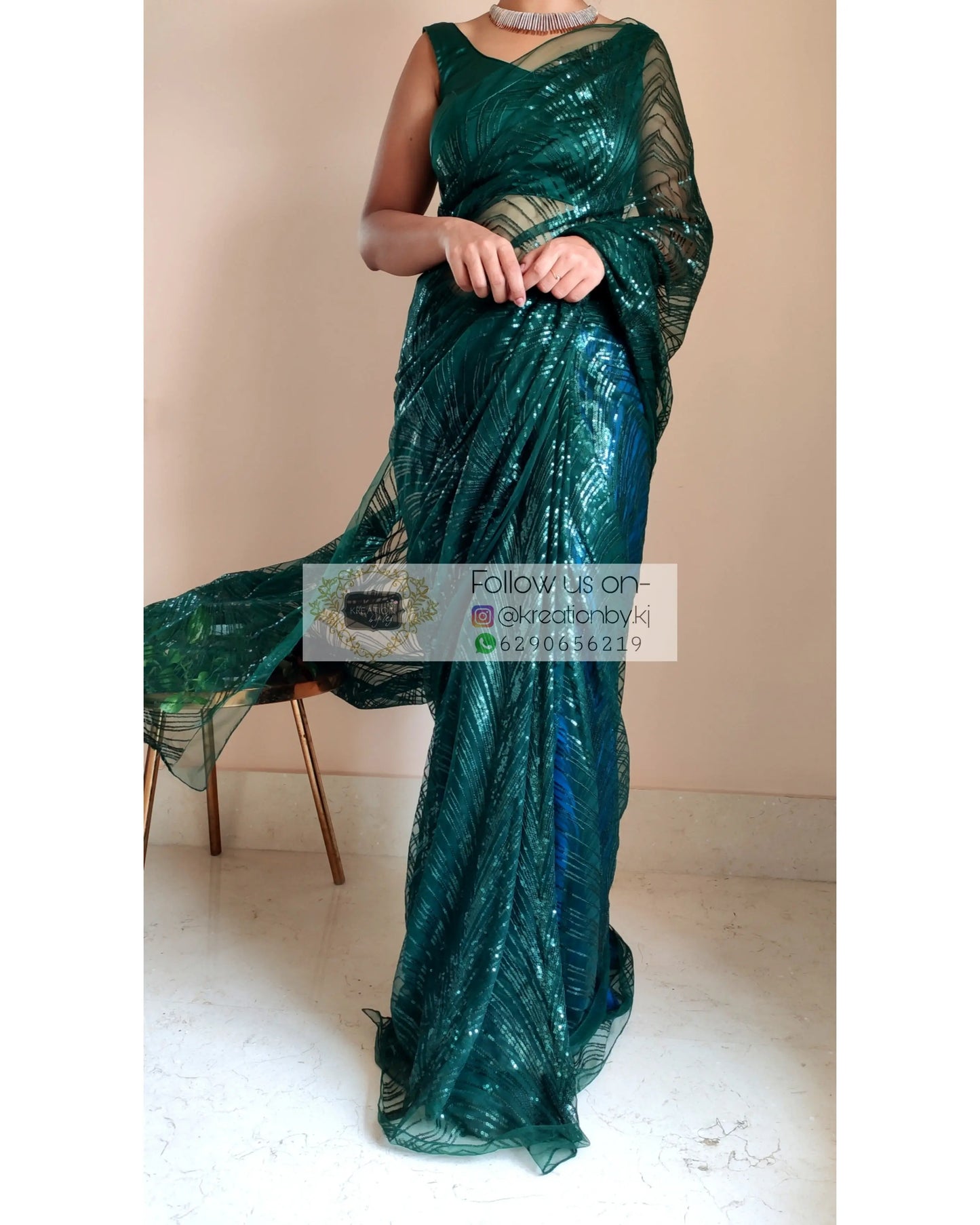 Dark Green Sequins Embroidered Net Saree - kreationbykj