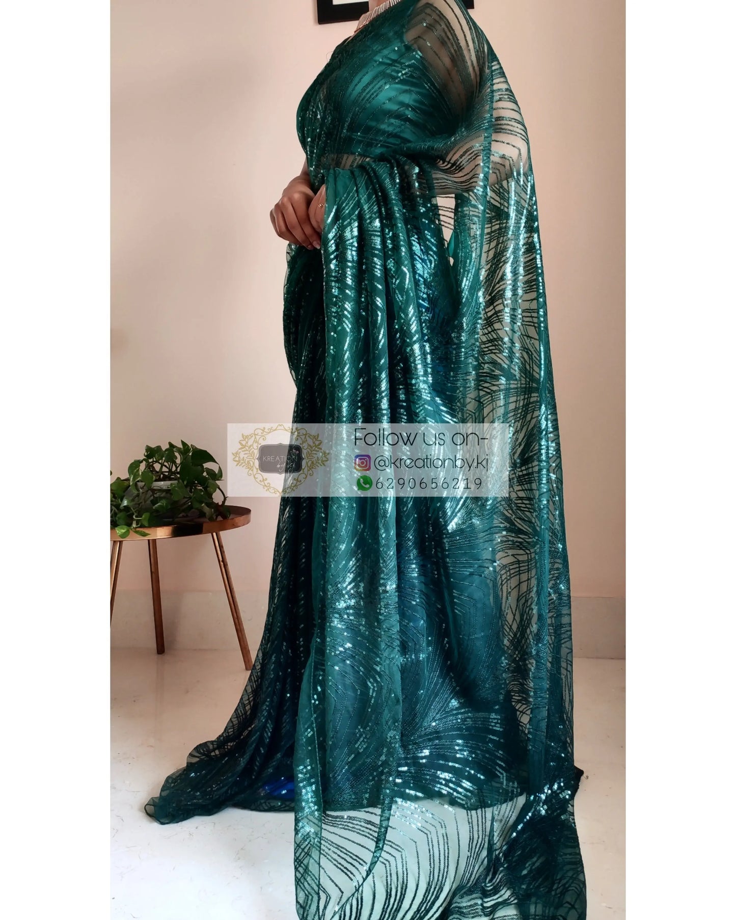 Dark Green Sequins Embroidered Net Saree - kreationbykj