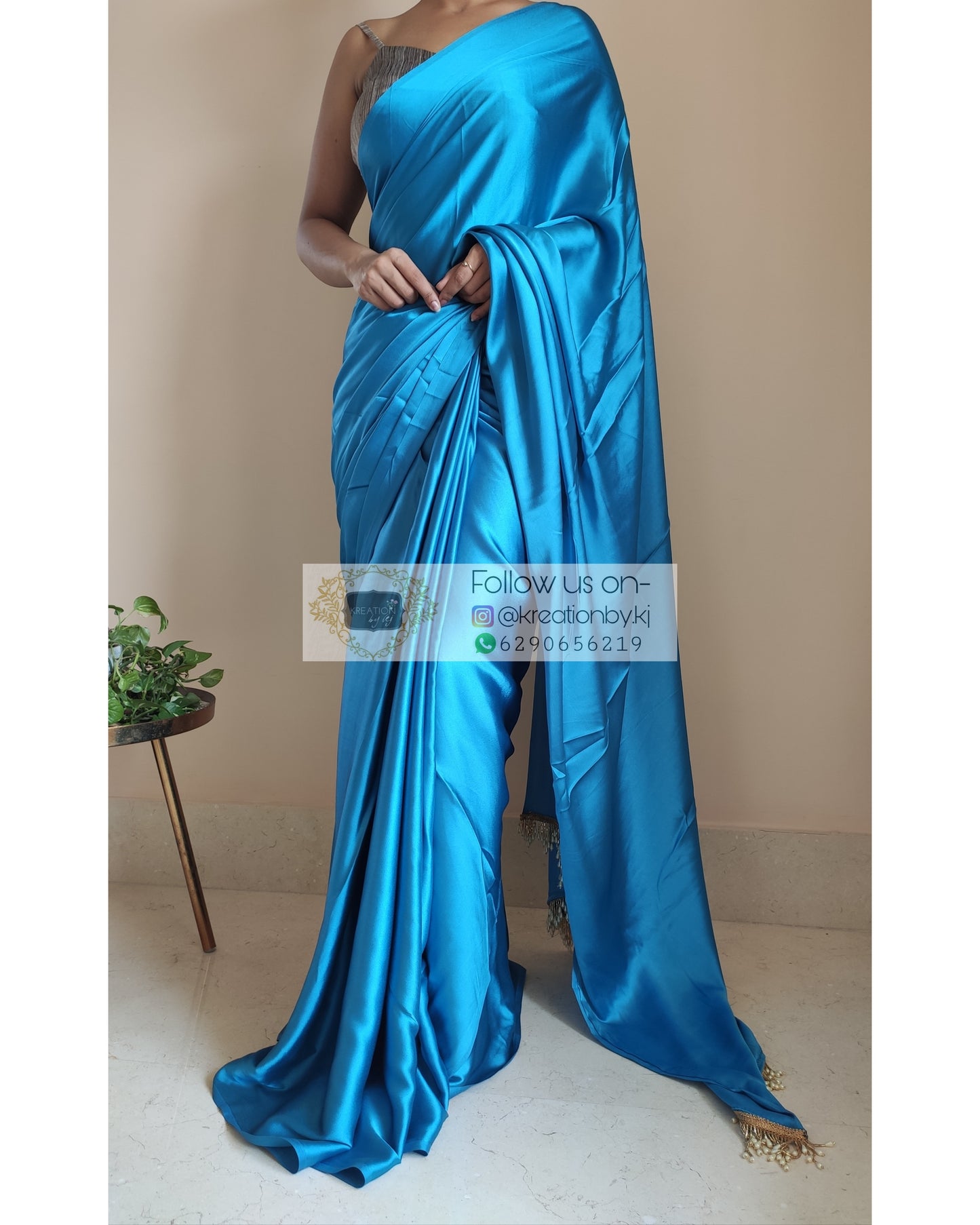 Electric Blue Satin Silk Saree with Handmade Tassels on Pallu - kreationbykj