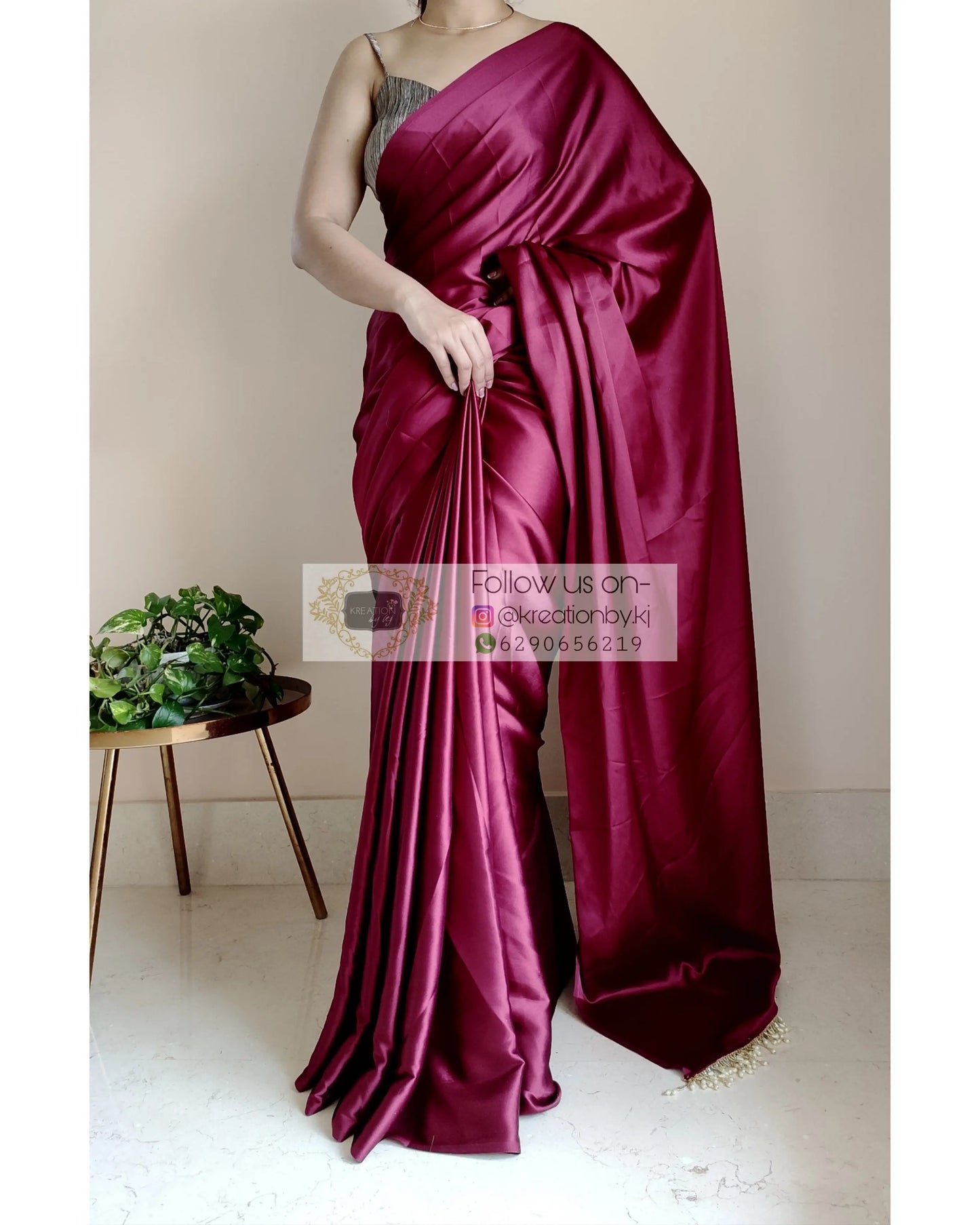 Cherry wine satin silk saree with handmade tassels on pallu - kreationbykj