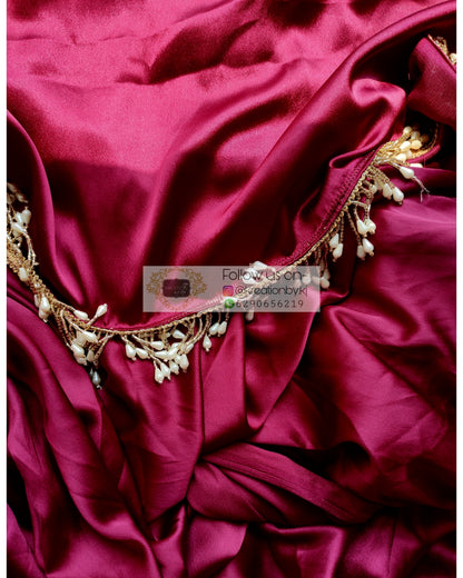 Cherry wine satin silk saree with handmade tassels on pallu - kreationbykj