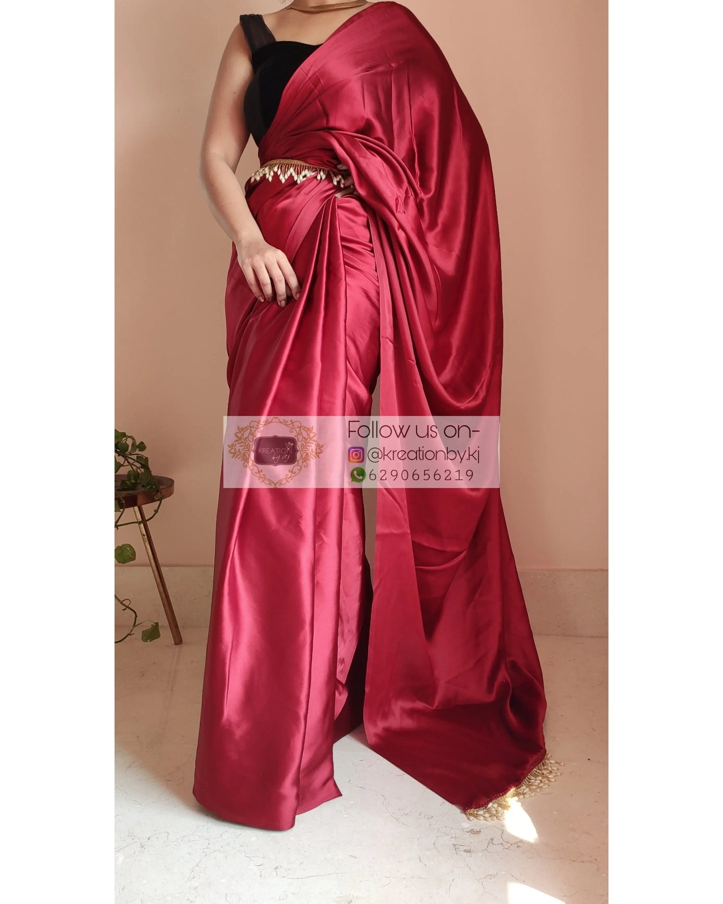 Maroon Satin Silk Saree With Handmade Tassels On Pallu - kreationbykj