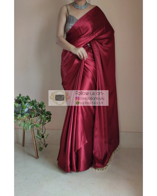 One Minute Maroon Satin Silk Saree With Handmade Tassels On Pallu - kreationbykj
