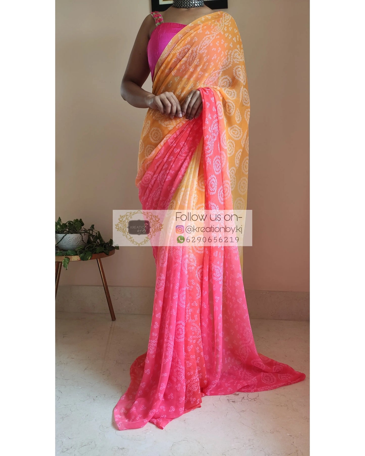 Yellow and Peach Bandhini Print Saree - kreationbykj