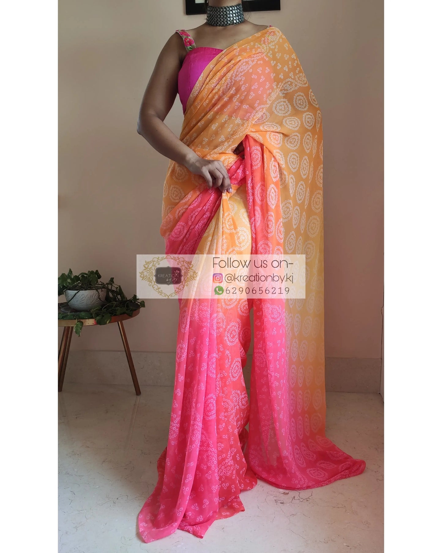 Yellow and Peach Bandhini Print Saree - kreationbykj