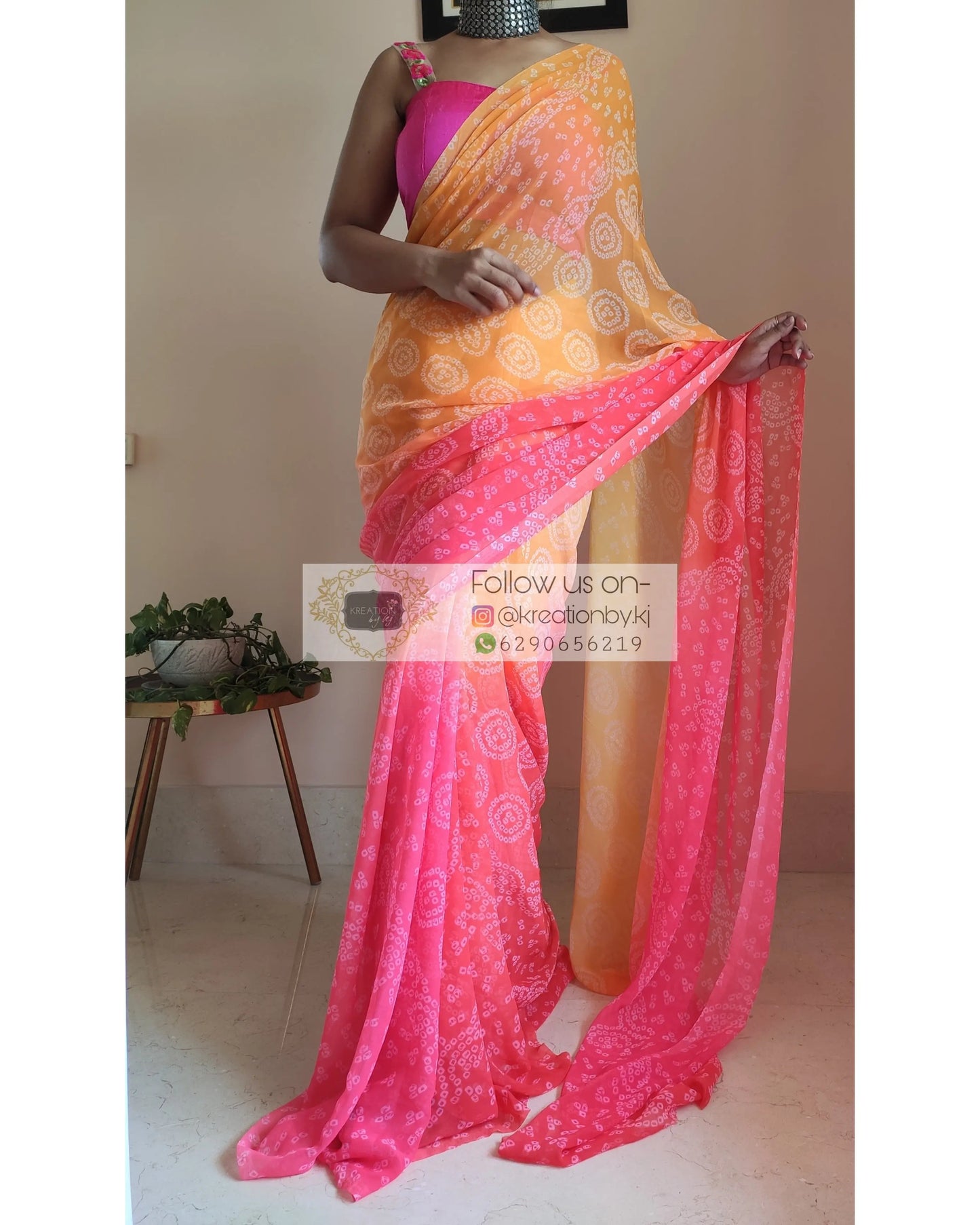 Yellow and Peach Bandhini Print Saree - kreationbykj