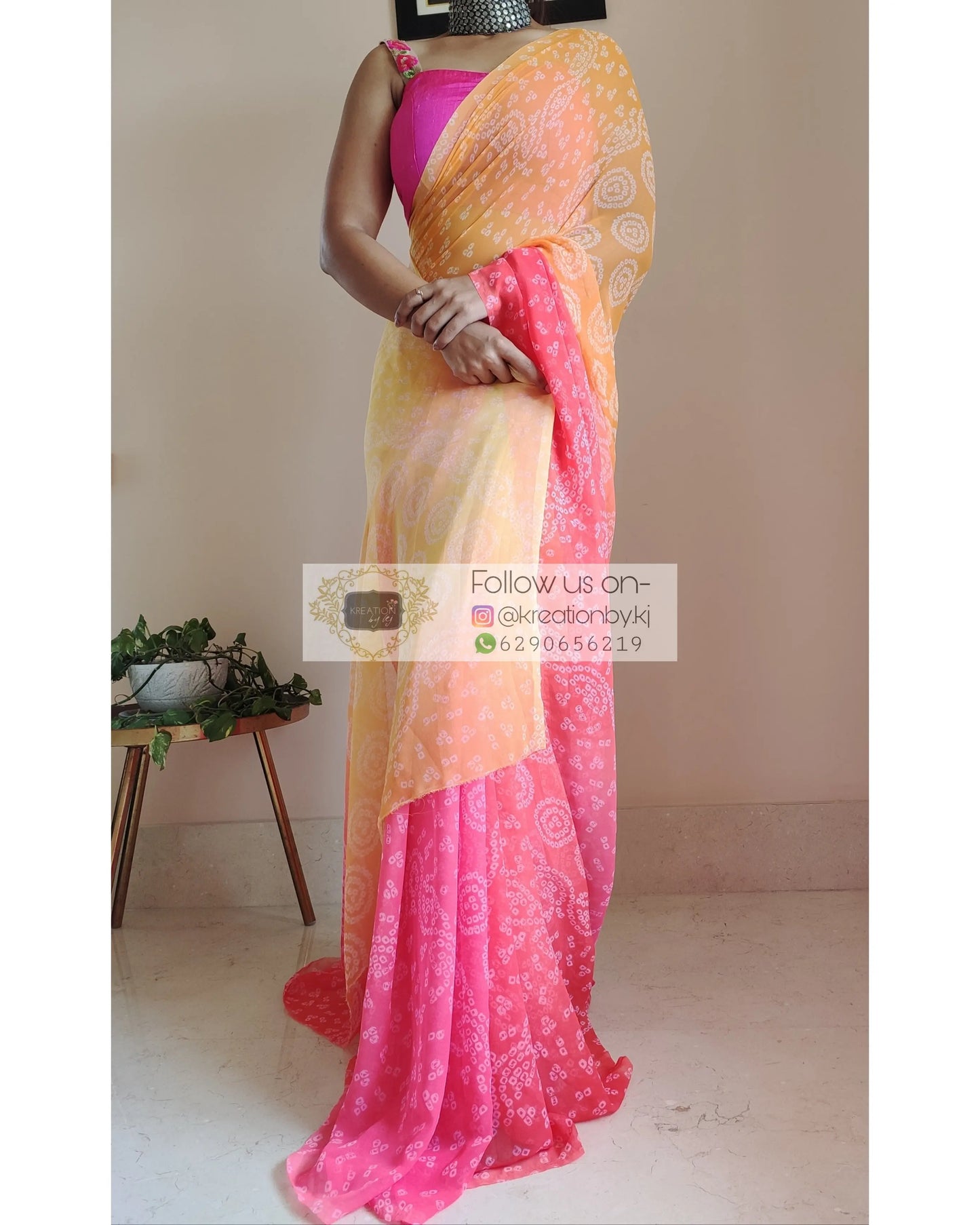 Yellow and Peach Bandhini Print Saree - kreationbykj