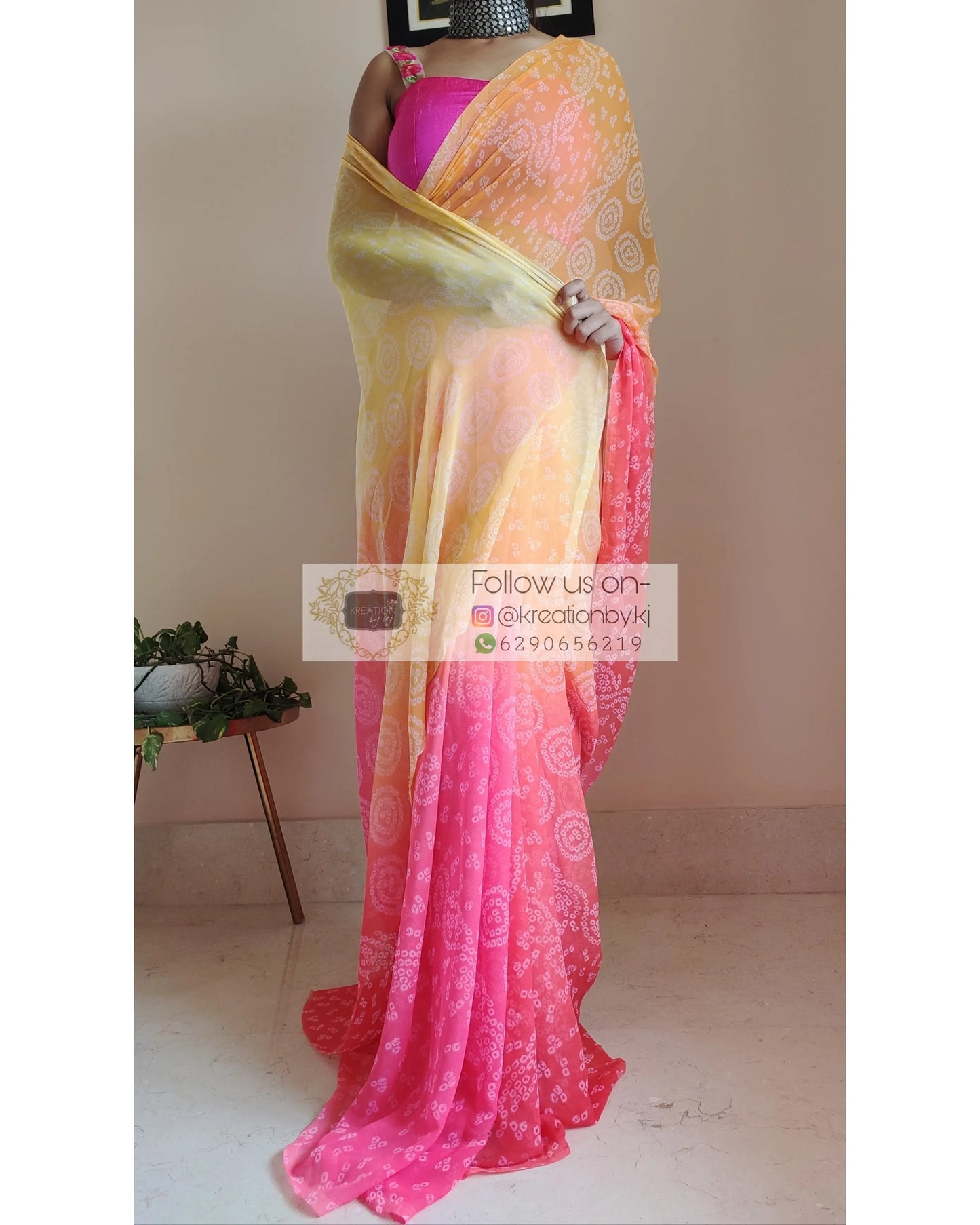 Yellow and Peach Bandhini Print Saree - kreationbykj