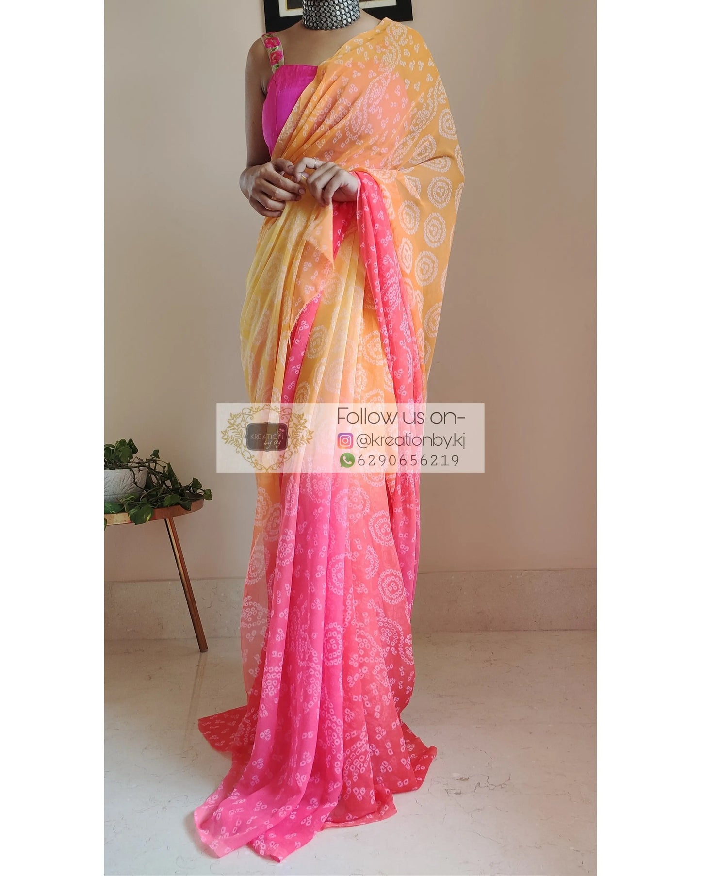 Yellow and Peach Bandhini Print Saree - kreationbykj