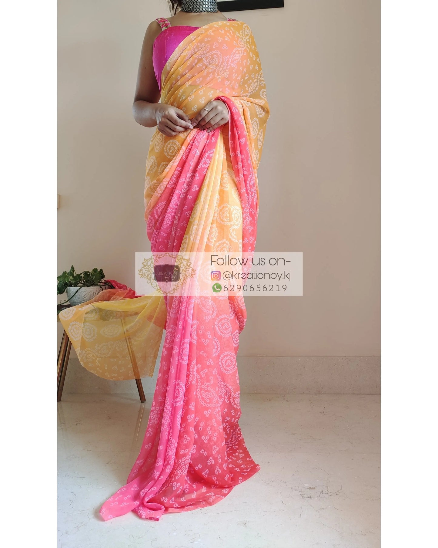 Yellow and Peach Bandhini Print Saree - kreationbykj