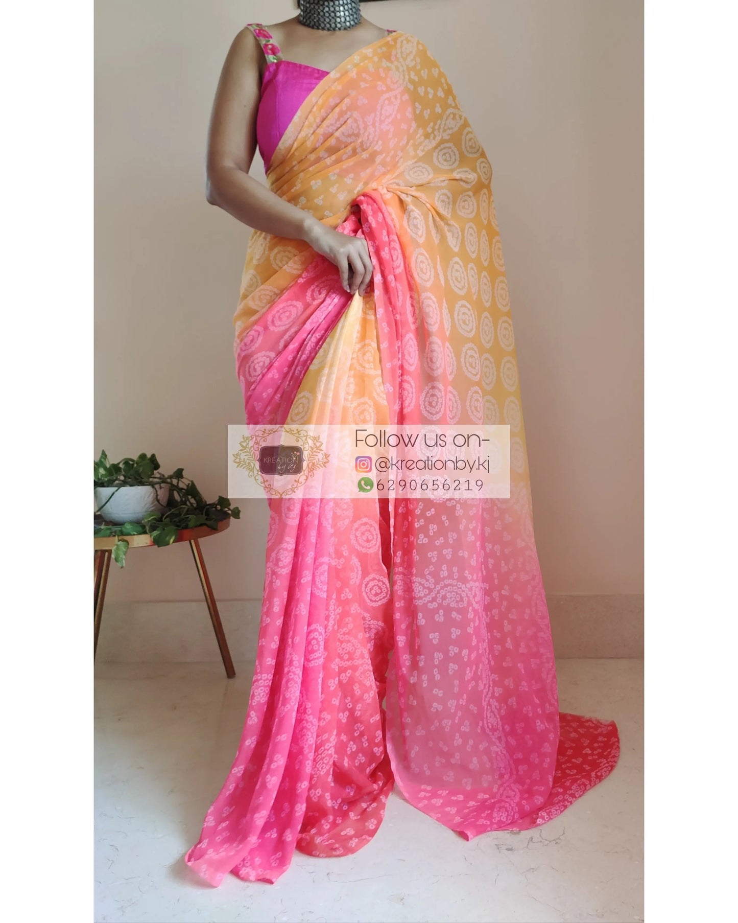 Yellow and Peach Bandhini Print Saree - kreationbykj