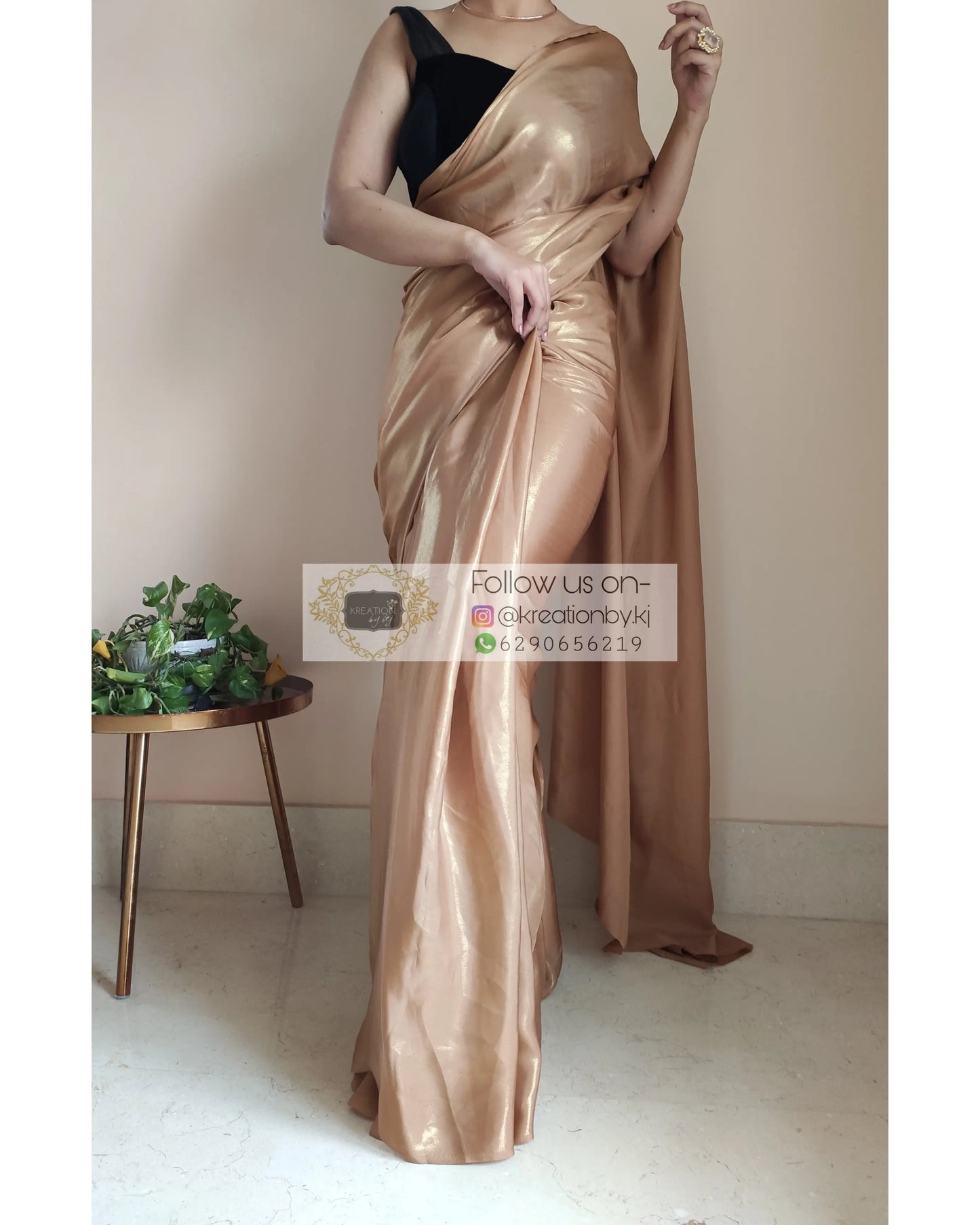 Champagne Gold Shimmer Satin Saree - kreationbykj