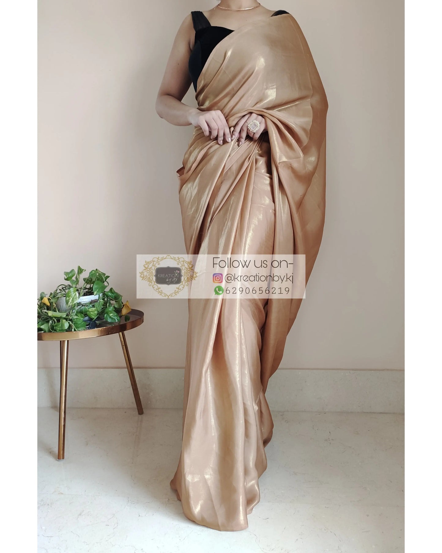 Champagne Gold Shimmer Satin Saree - kreationbykj