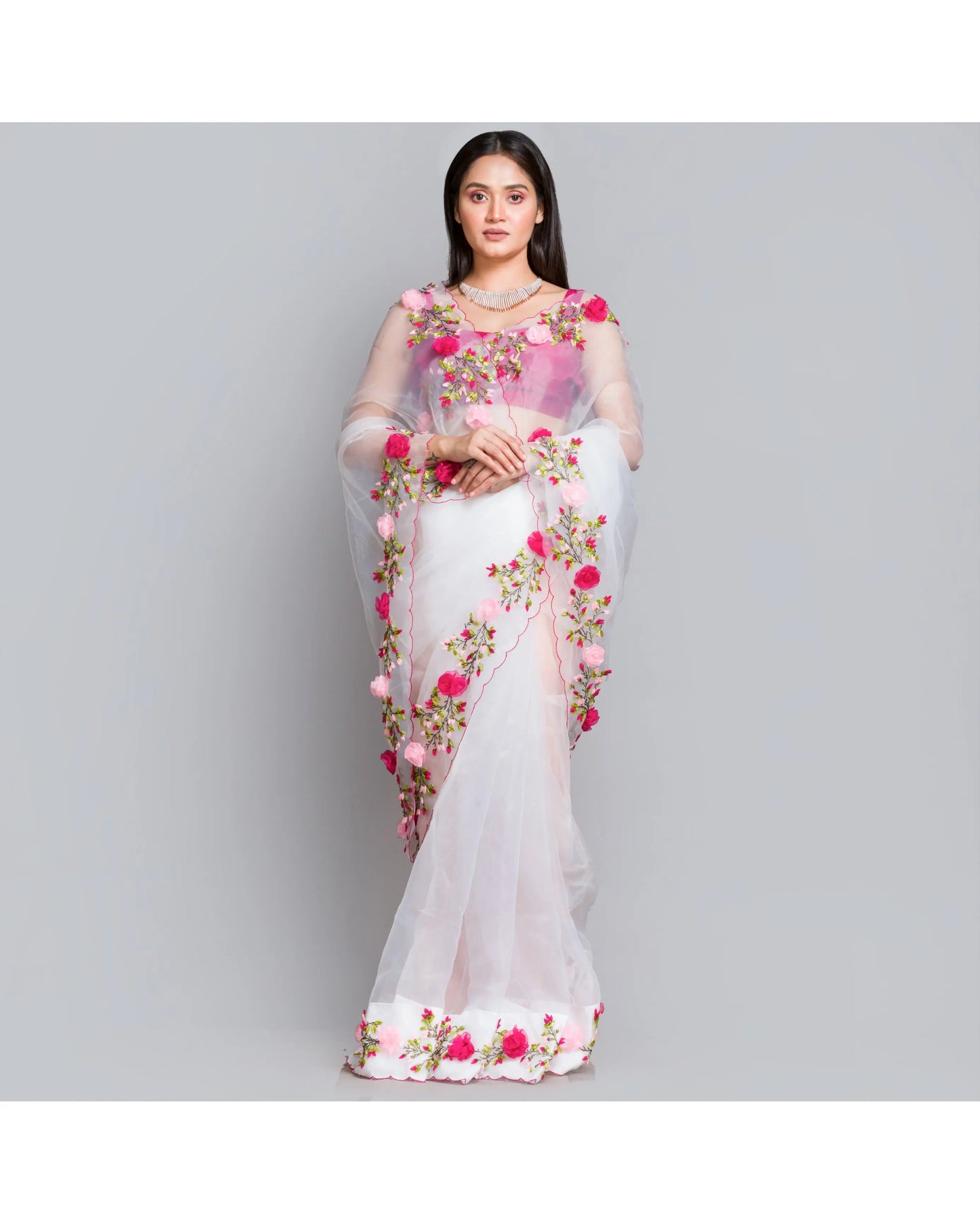 White Organza Saree With French Ribbon Embroidery - kreationbykj