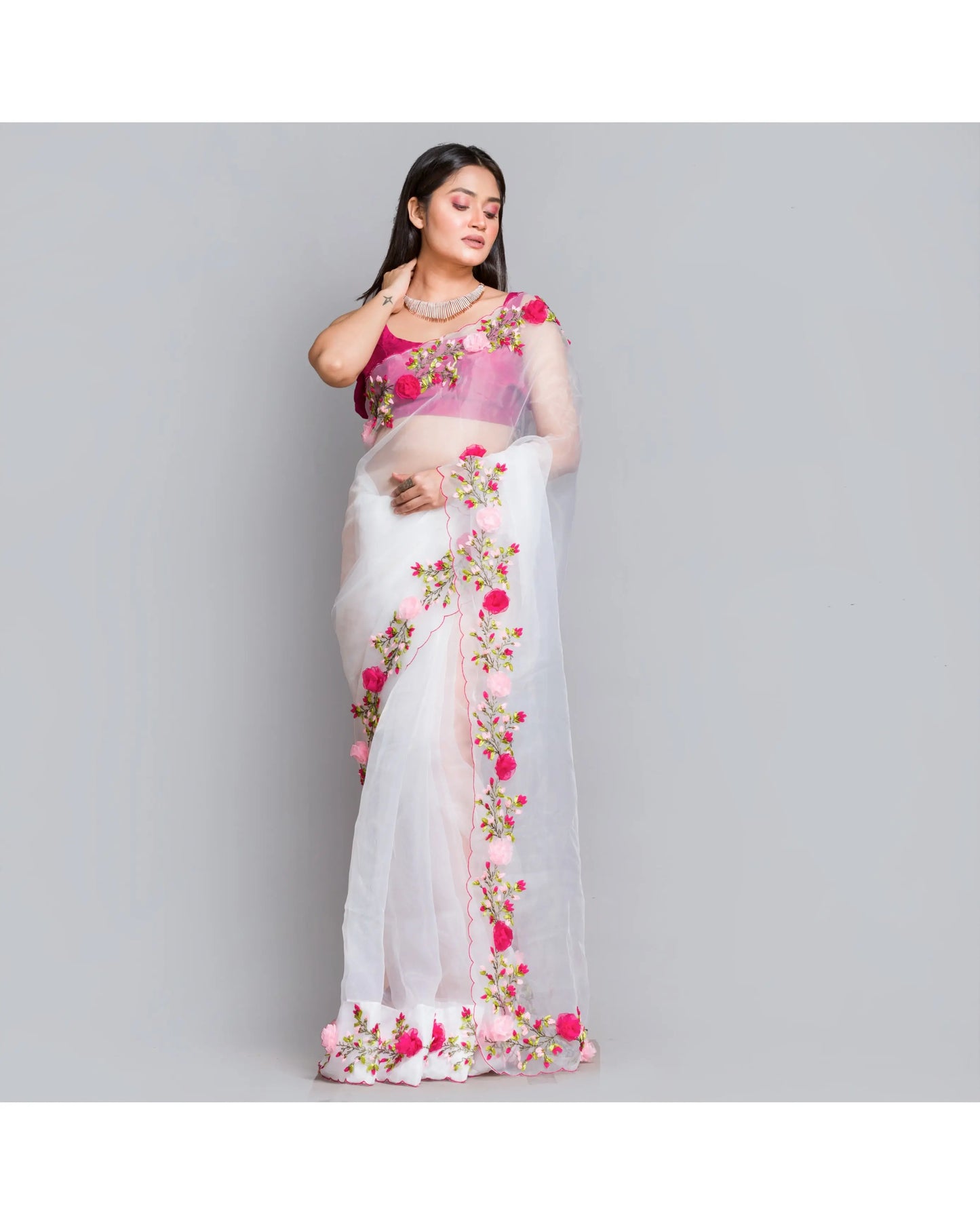 White Organza Saree With French Ribbon Embroidery - kreationbykj