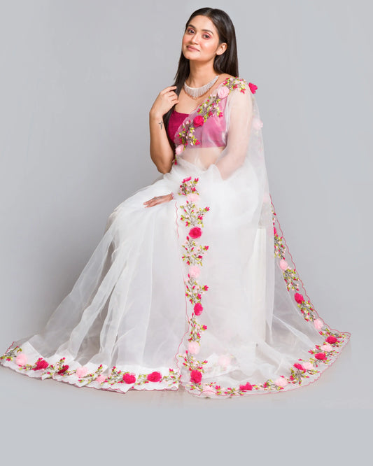 White Organza Saree With French Ribbon Embroidery - kreationbykj