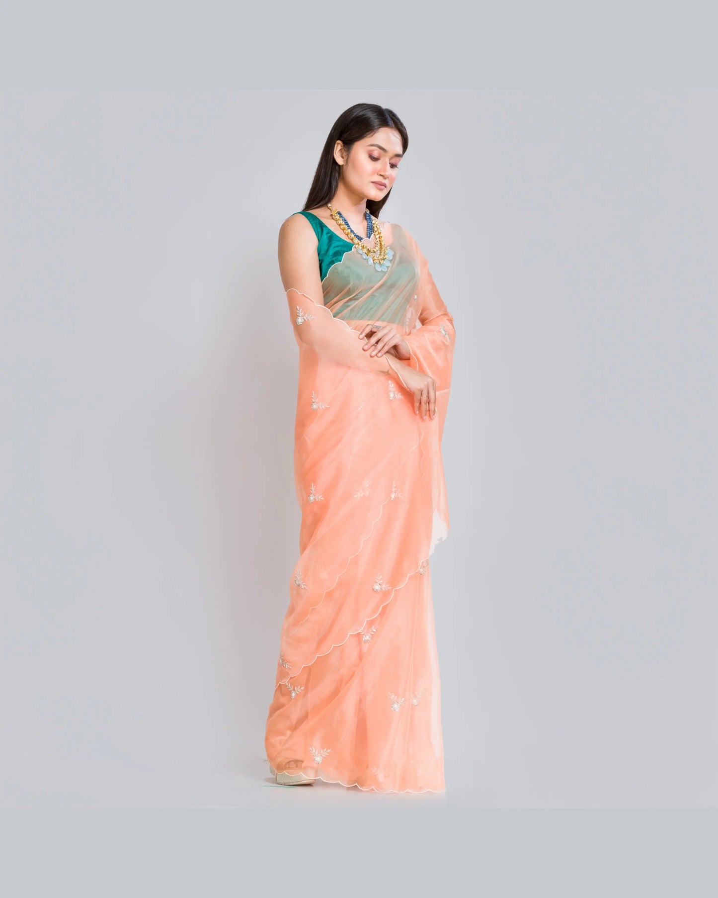 Peach Organza Silk Saree With 86 Bootas - kreationbykj