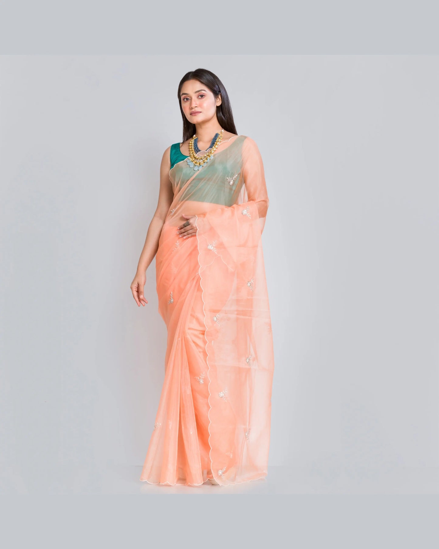 Peach Organza Silk Saree With 86 Bootas - kreationbykj