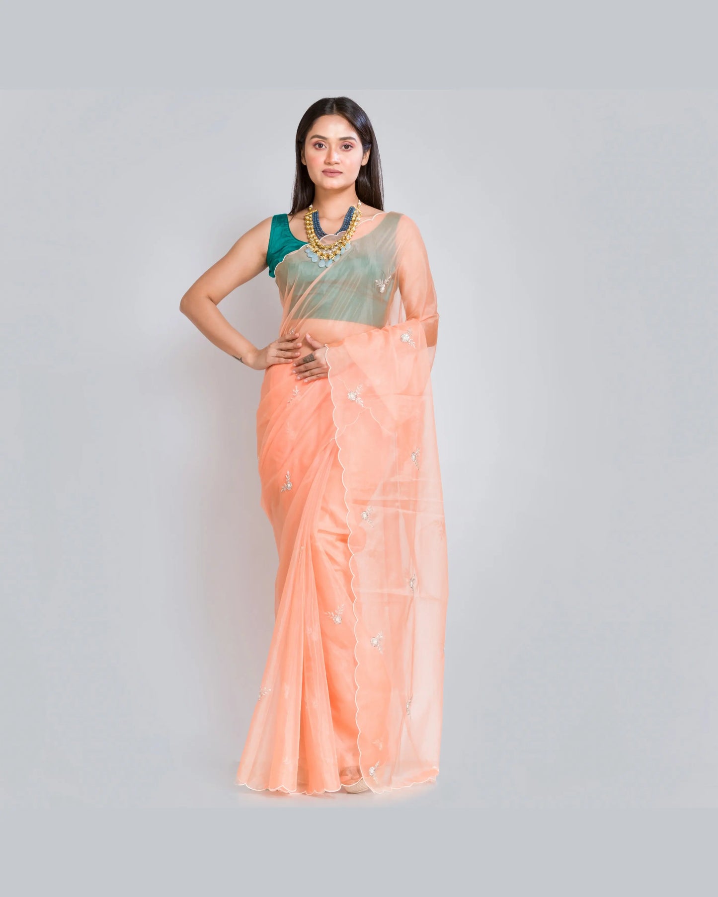 Peach Organza Silk Saree With 86 Bootas - kreationbykj