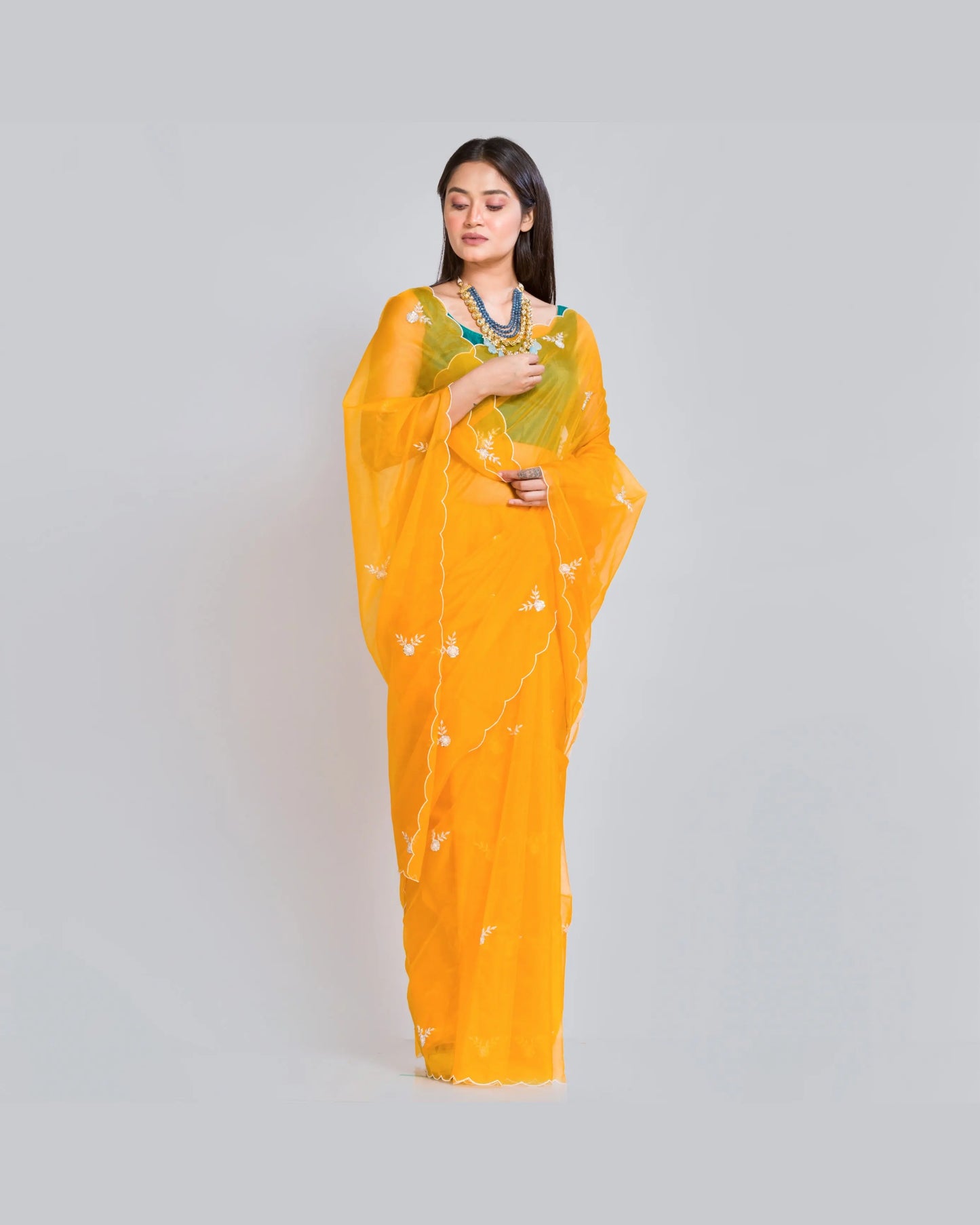 Yellow Organza Silk 86 Bootas Saree - kreationbykj