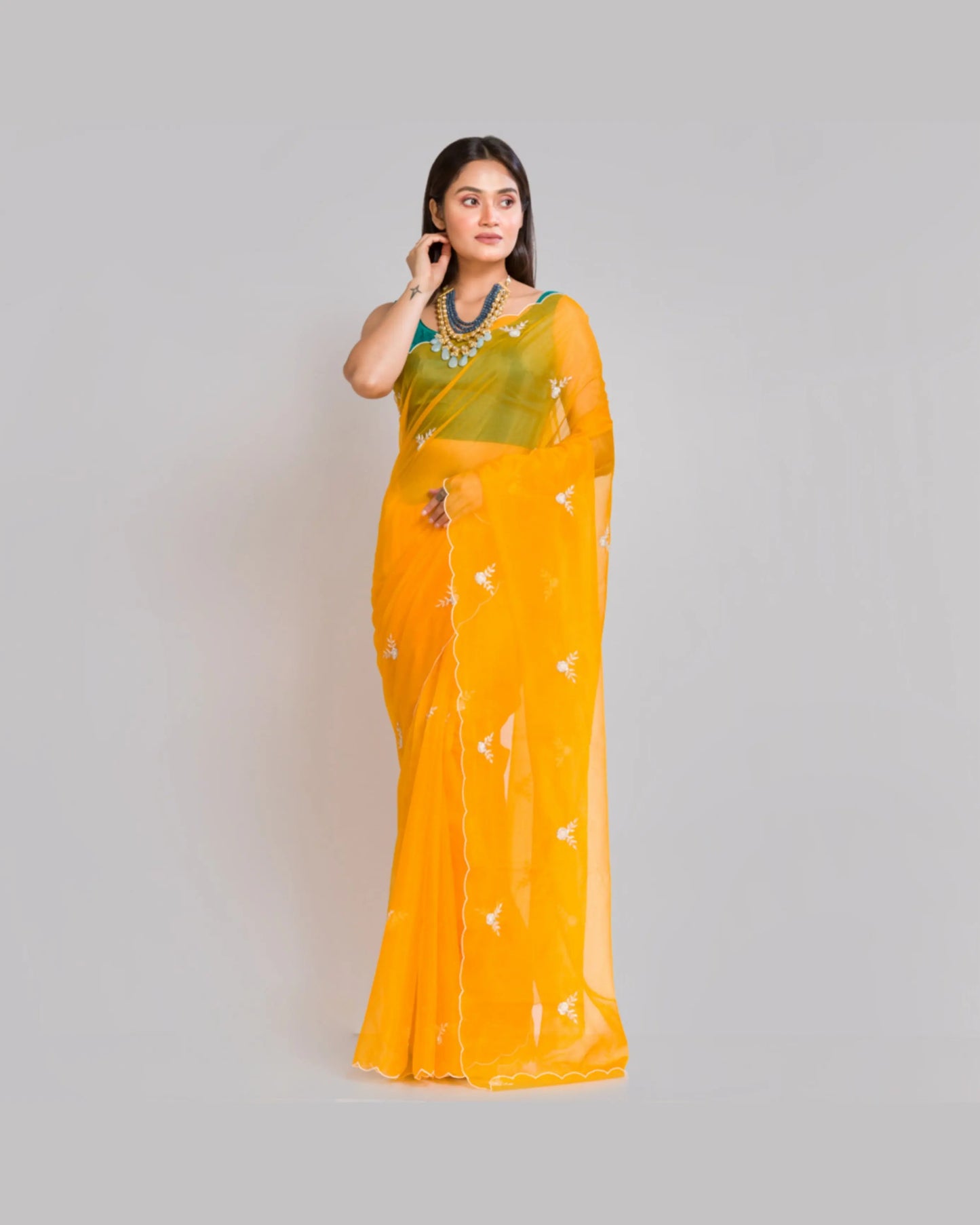Yellow Organza Silk 86 Bootas Saree - kreationbykj