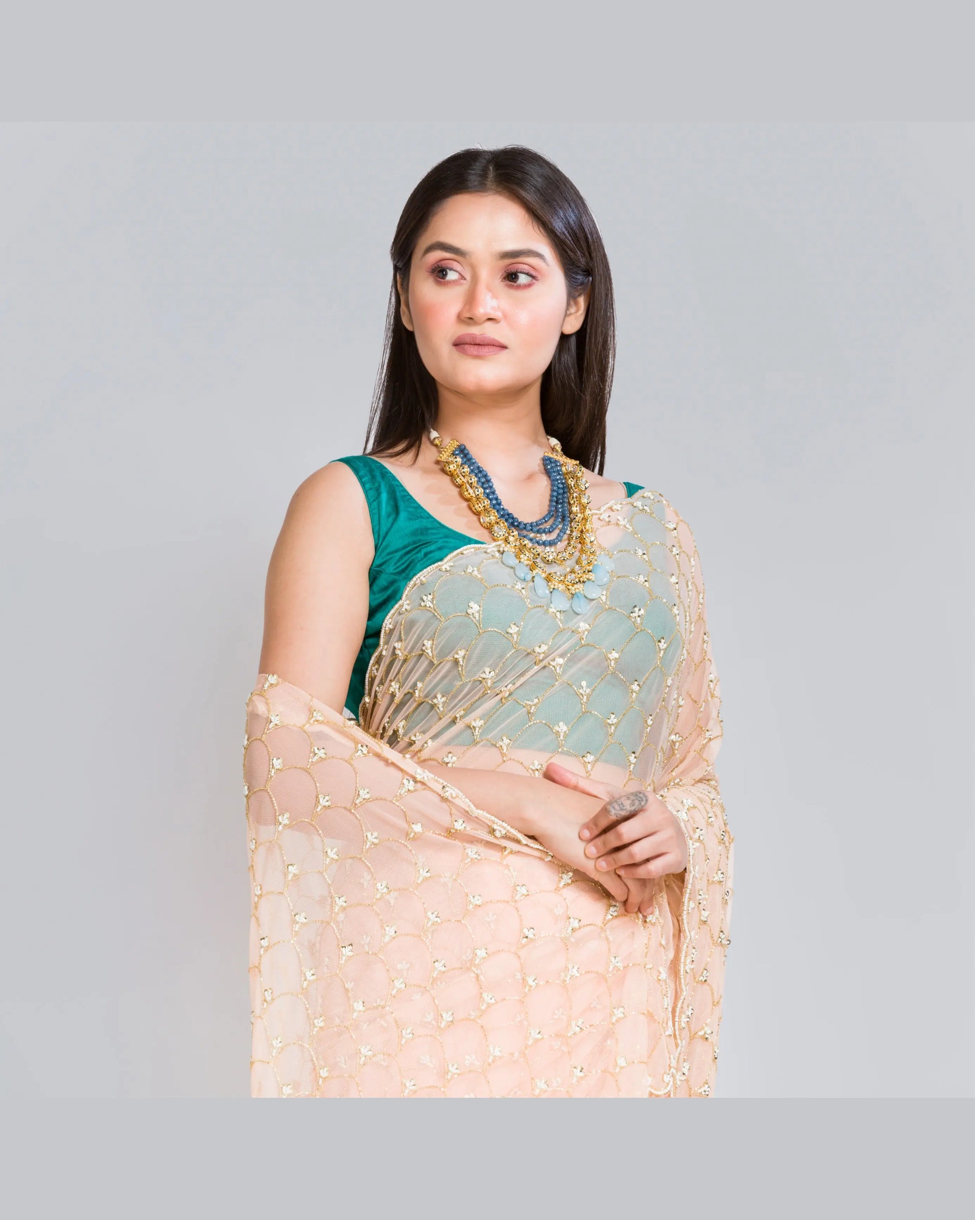 Peach Cutadana Mehraab Jaal Saree - kreationbykj