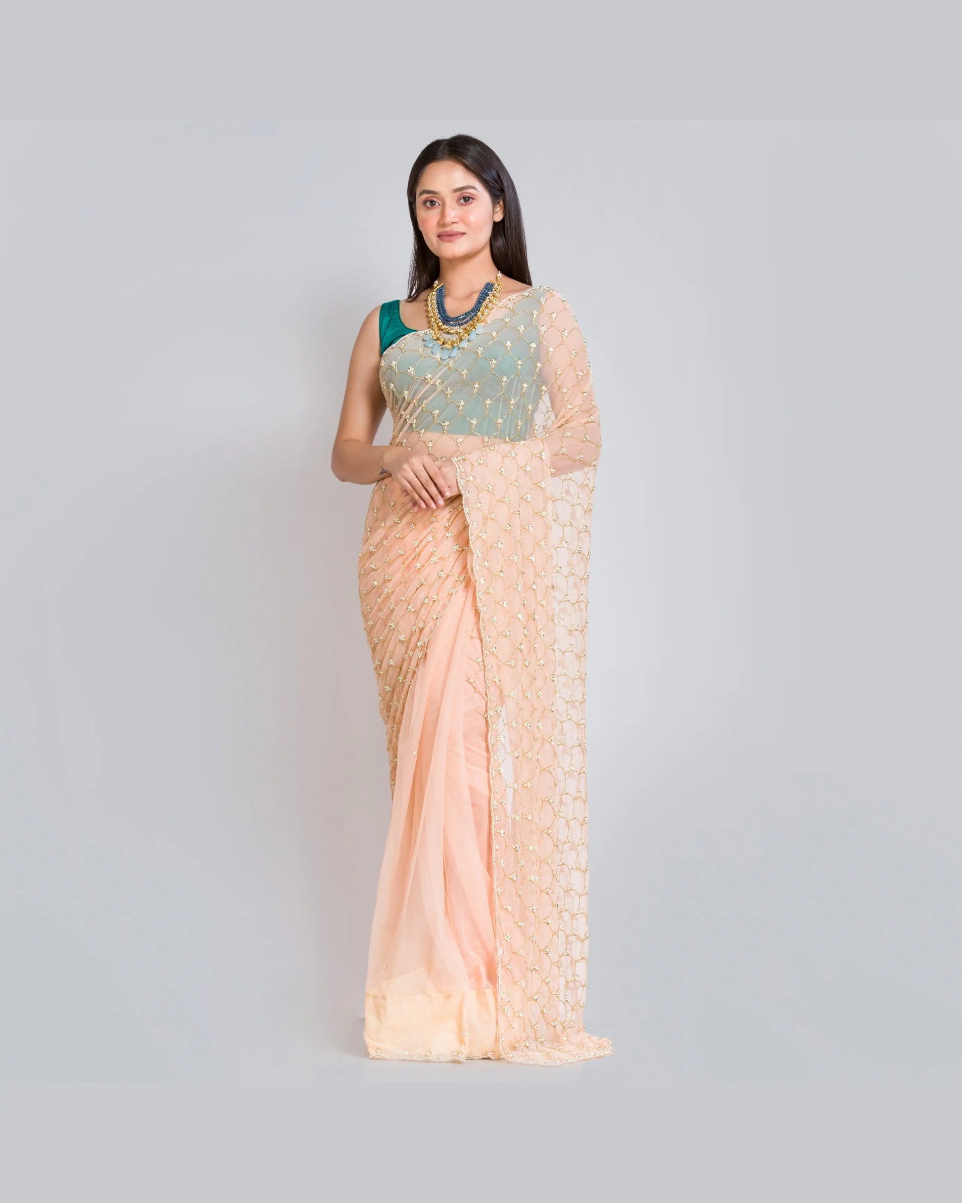 Peach Cutadana Mehraab Jaal Saree - kreationbykj