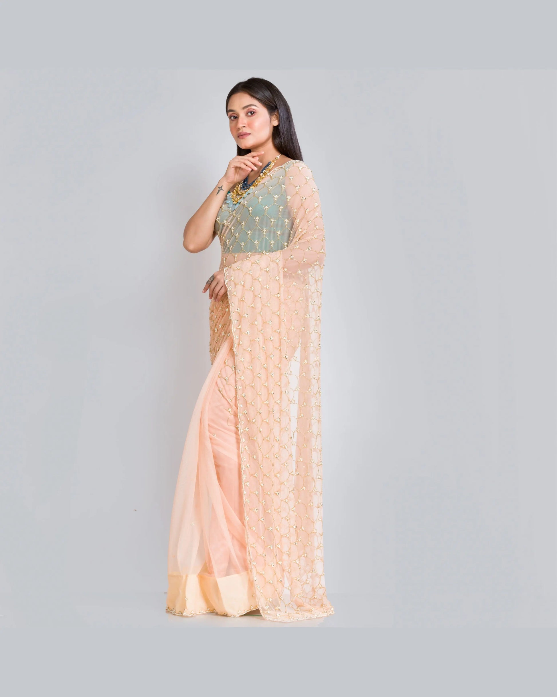 Peach Cutadana Mehraab Jaal Saree - kreationbykj