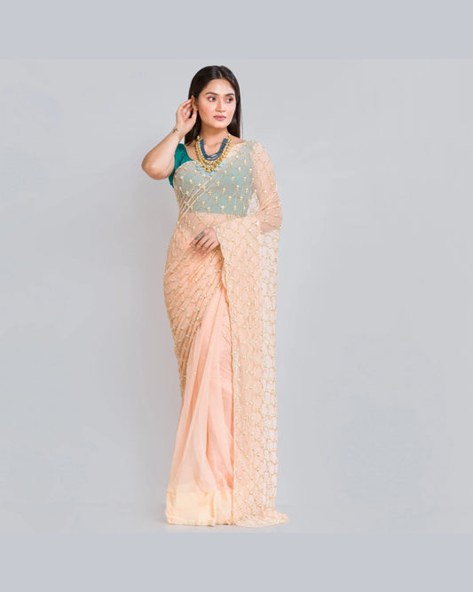 Peach Cutadana Mehraab Jaal Saree - kreationbykj