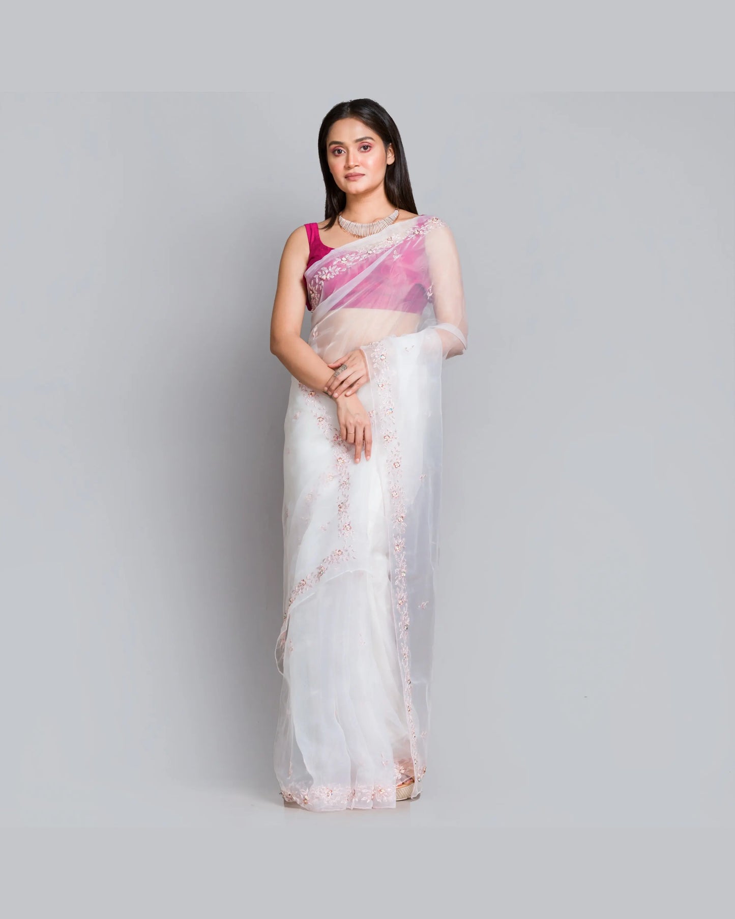 White Organza Silk Chandani Saree - kreationbykj