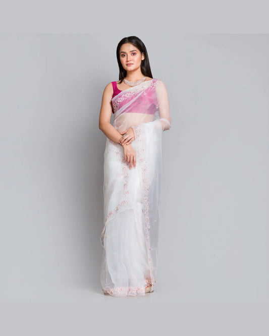 White Organza Silk Chandani Saree - kreationbykj