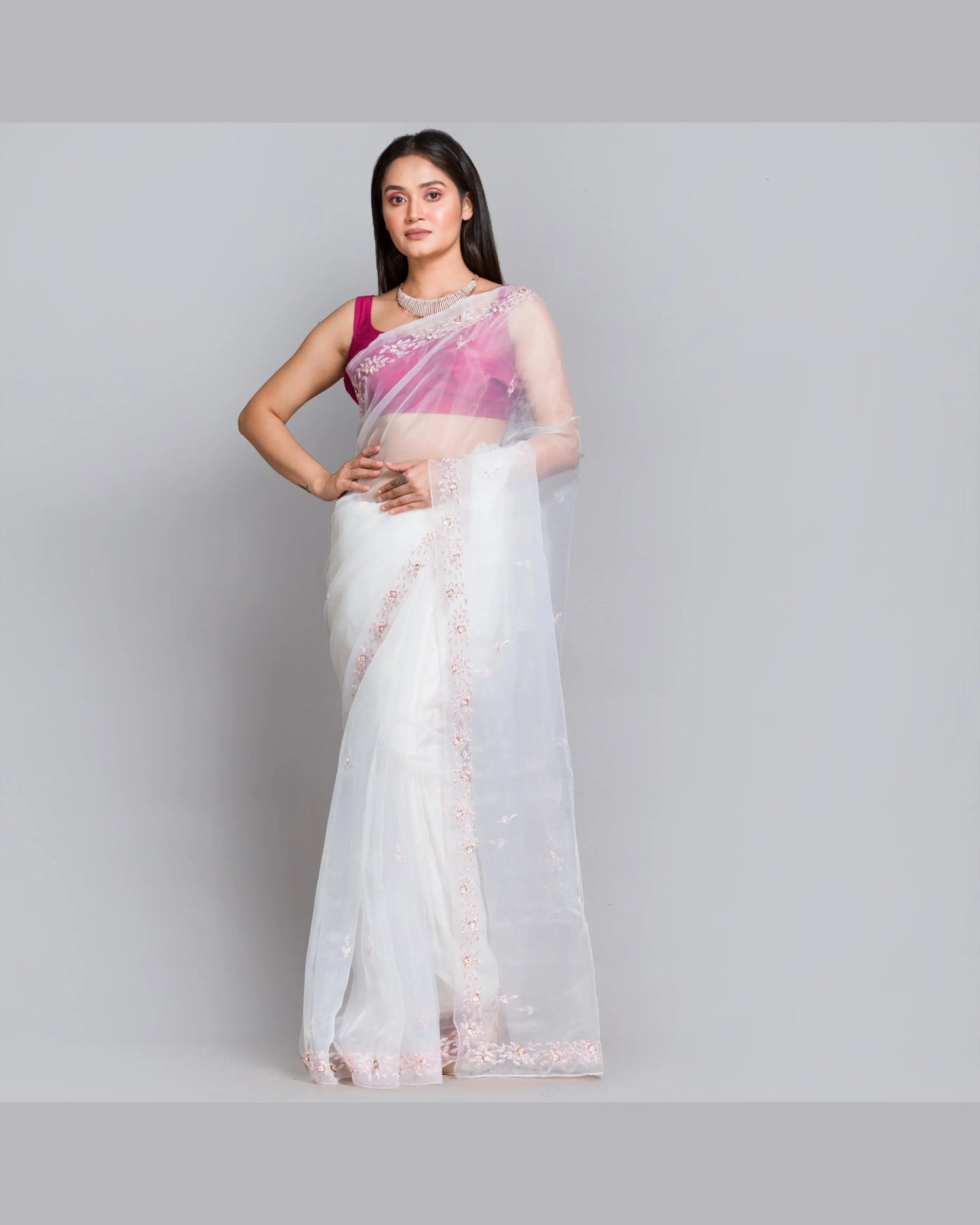 White Organza Silk Chandani Saree - kreationbykj
