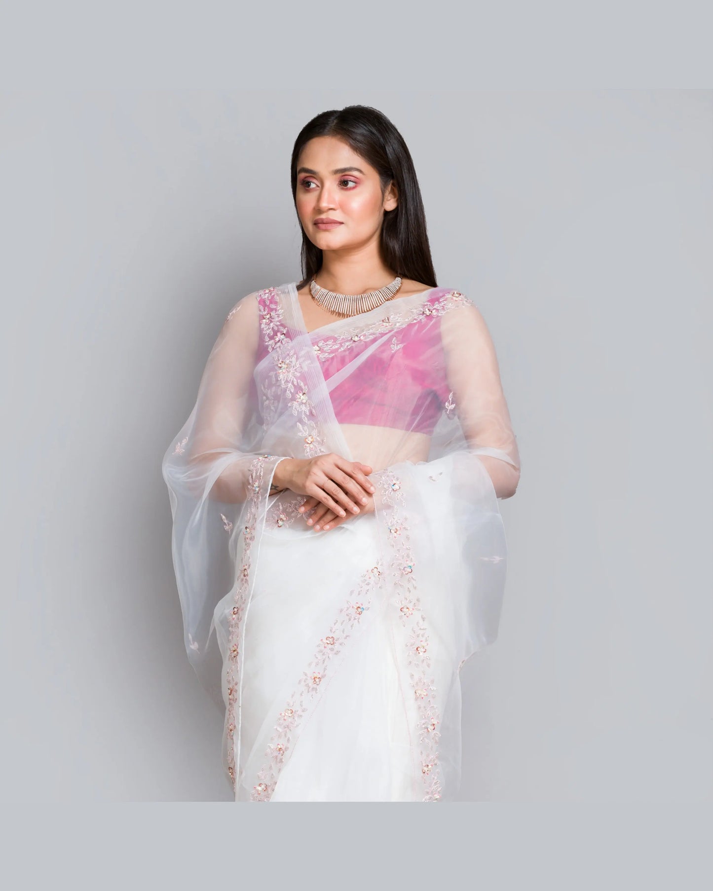 White Organza Silk Chandani Saree - kreationbykj