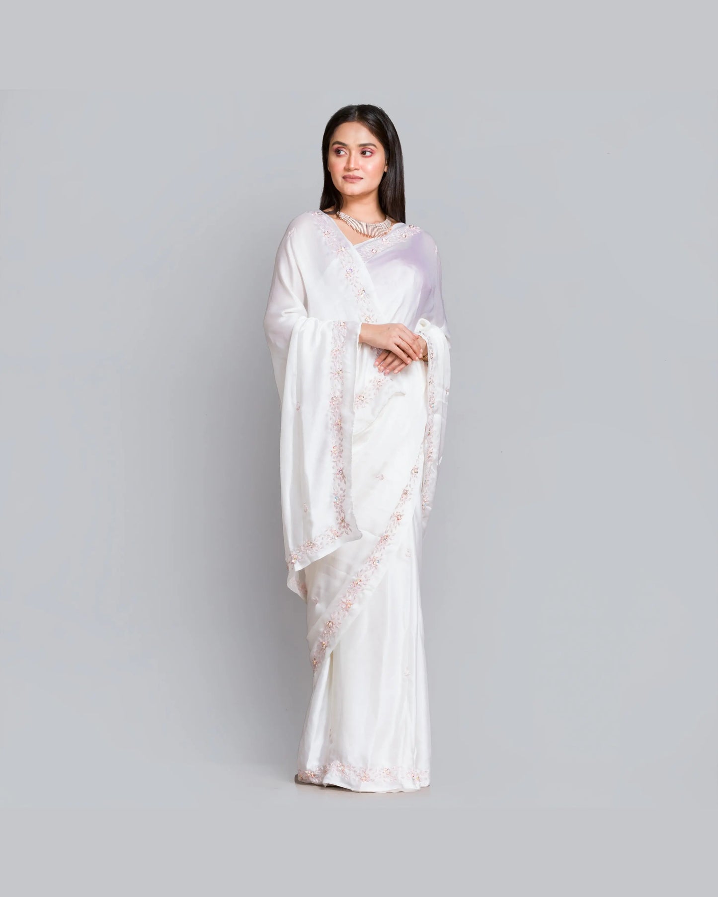 White Crepe Silk Chandani Saree - kreationbykj