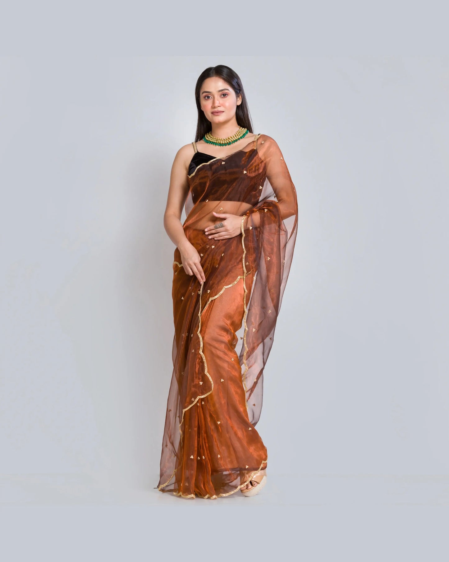 Copper Glass Tissue Saree With Handembroidered Scalloping - kreationbykj