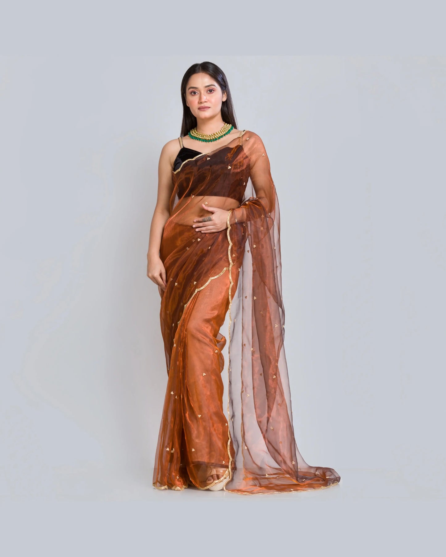 Copper Glass Tissue Saree With Handembroidered Scalloping - kreationbykj