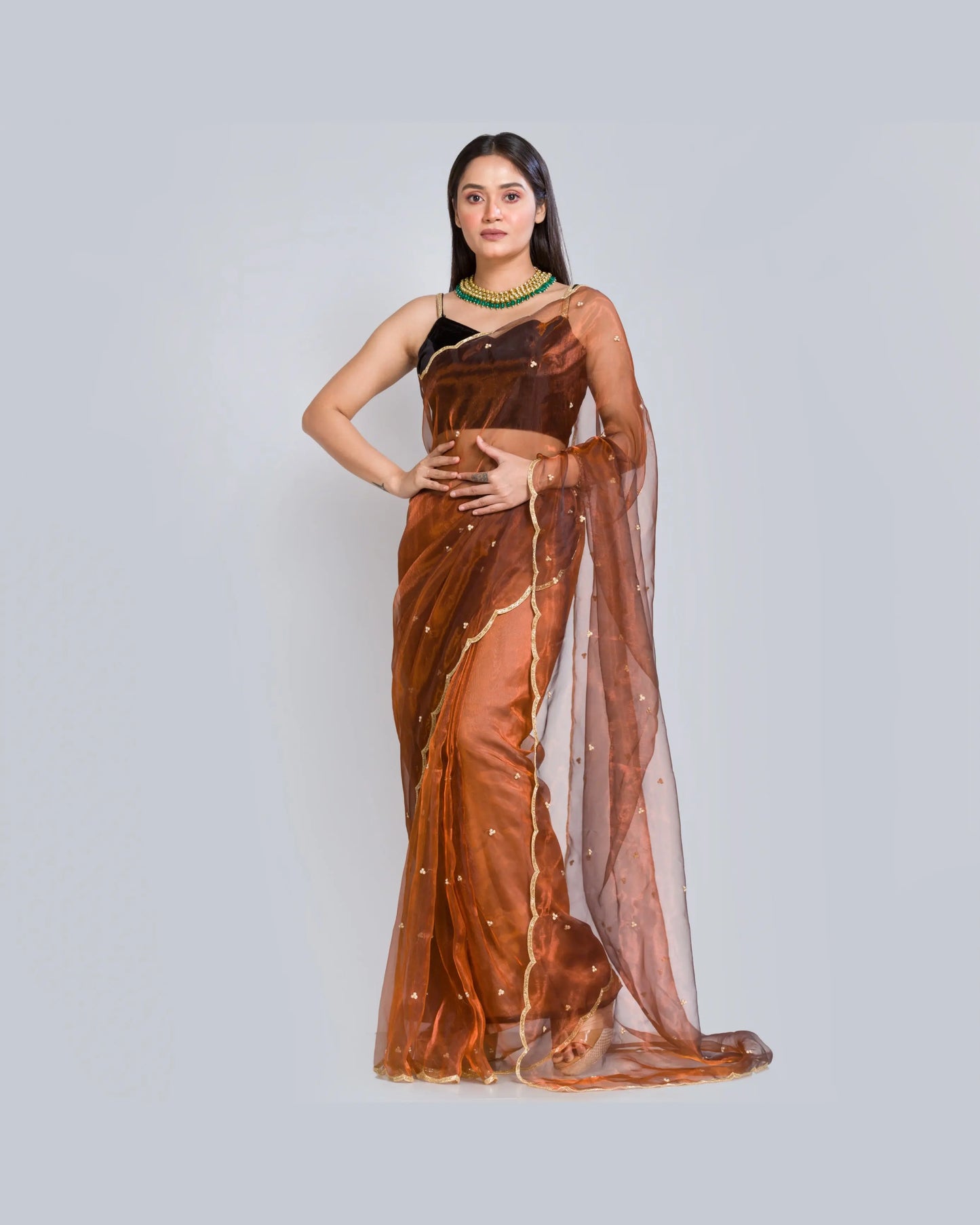 Copper Glass Tissue Saree With Handembroidered Scalloping - kreationbykj