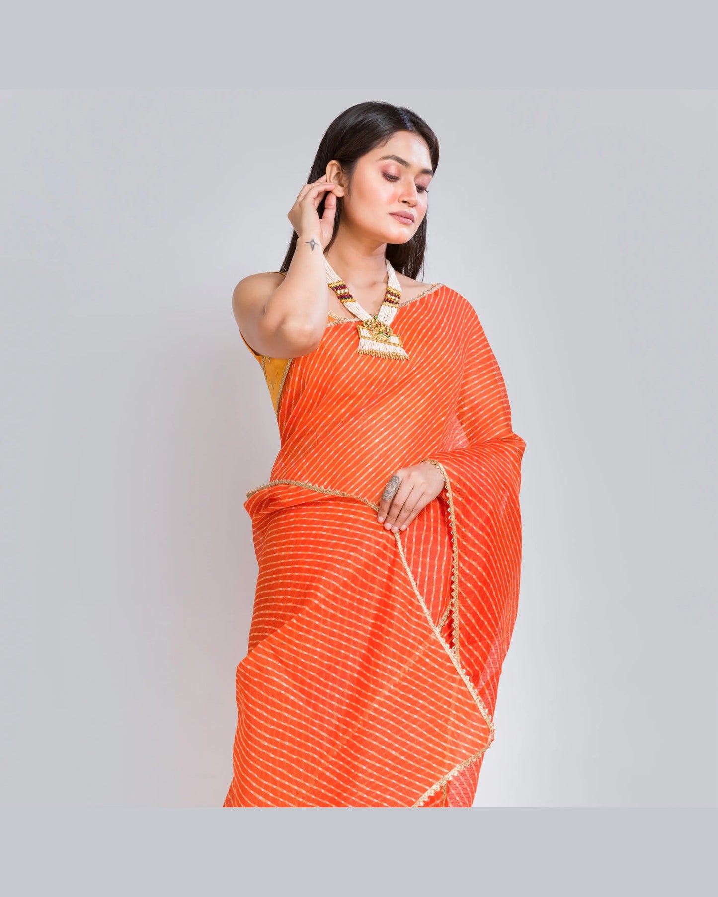 Orange Kota Silk Leheriya Saree - kreationbykj