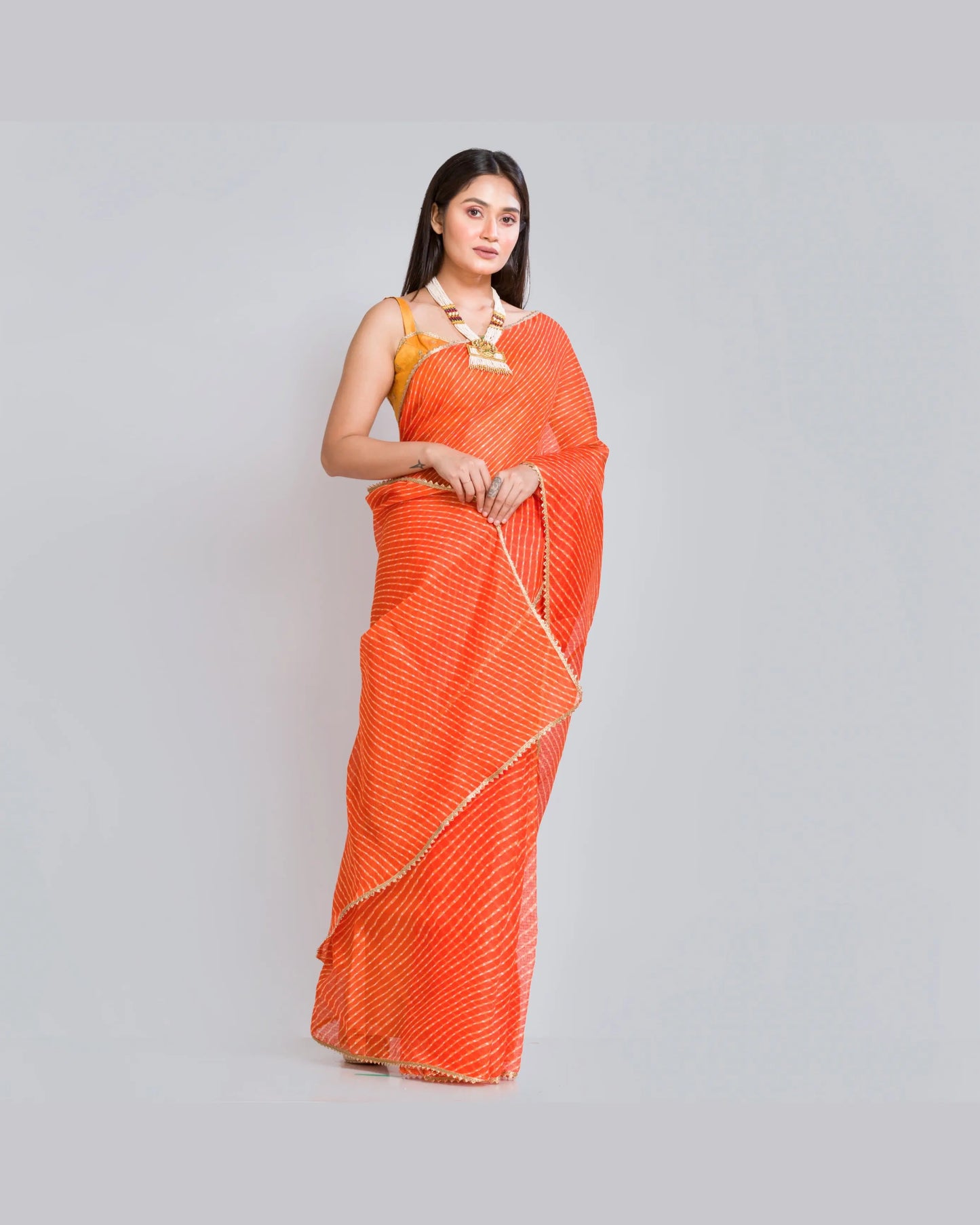 Orange Kota Silk Leheriya Saree - kreationbykj